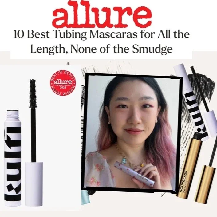 Magazine cover featuring Allure's top 10 tubing mascaras, with a woman holding a mascara tube, surrounded by images of mascara products, and an award badge.