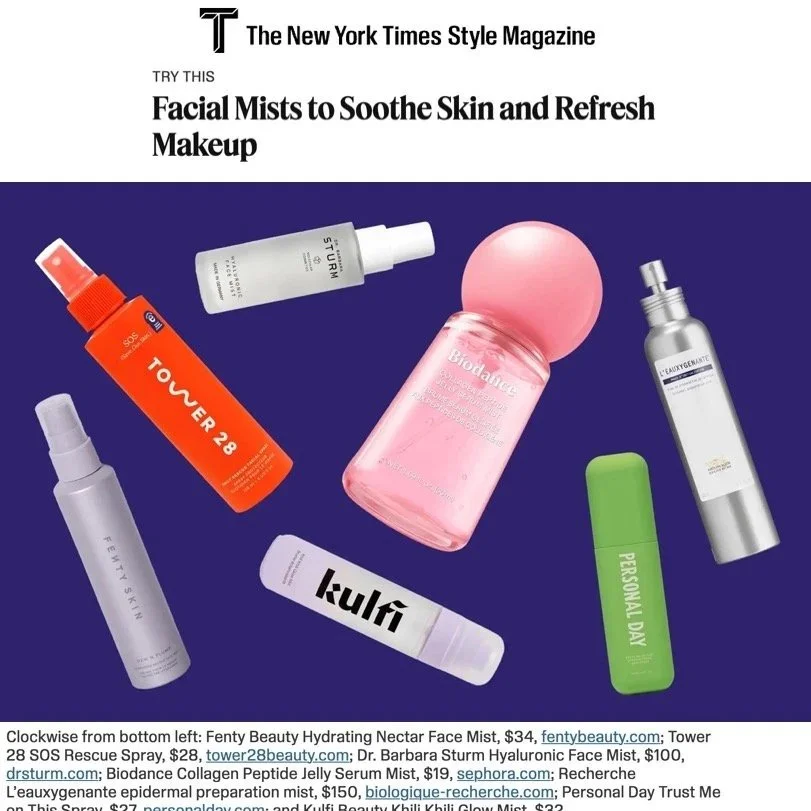 A magazine article titled "Facial Mists to Soothe Skin and Refresh Makeup" with images of seven different facial mists and skincare products displayed on a blue background.