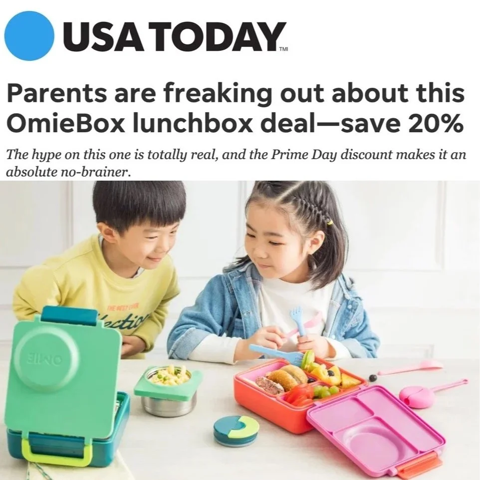 A USA TODAY article about a lunchbox deal, showing two children sitting at a table with colorful lunchboxes and food inside.