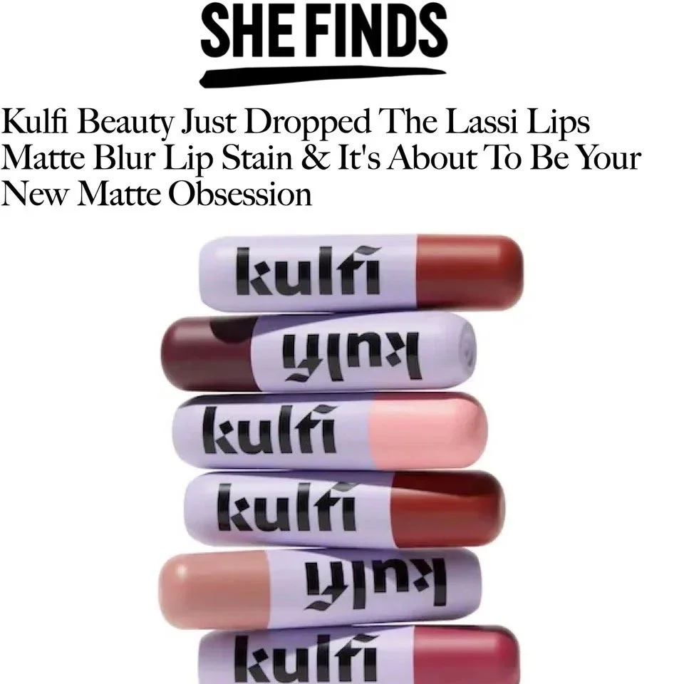 Stacked lip balm tubes with the brand name 'KULFI' and different shades of matte lip colors.