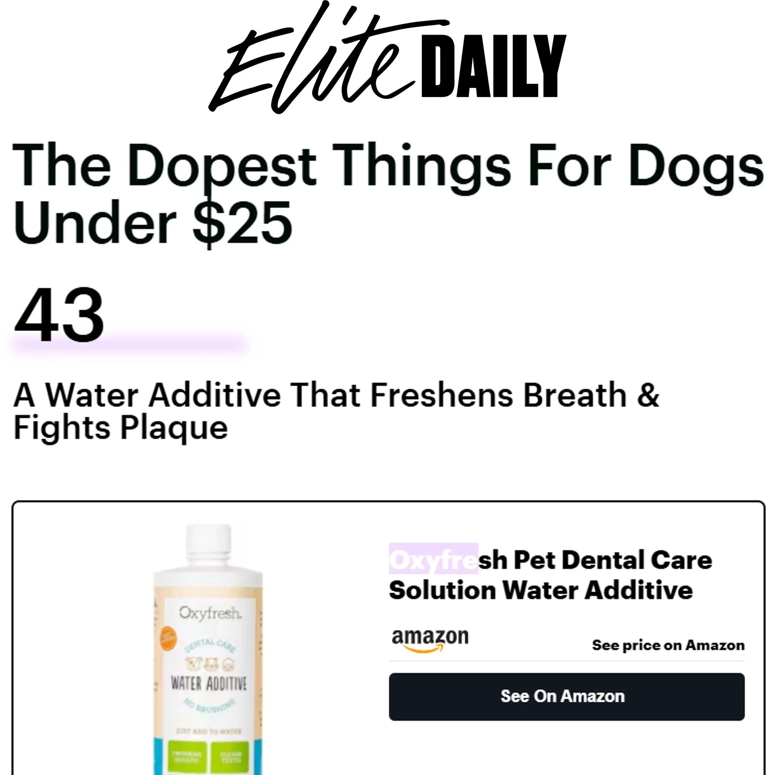 Various products and advertisements for water additives and pet dental care solutions, including a small tube labeled Oxfyresh Water Additive and a bottle of Oxfyresh Pet Dental Care solution, with prices and product descriptions.