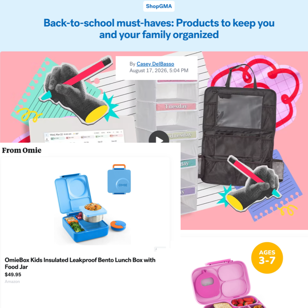 Back-to-school organizing and supplies advertisement featuring a black backpack, colorful planner, and a cloud illustration. There is a segment showing a kids lunch box set with a food jar, and an age recommendation of 3-7 years.