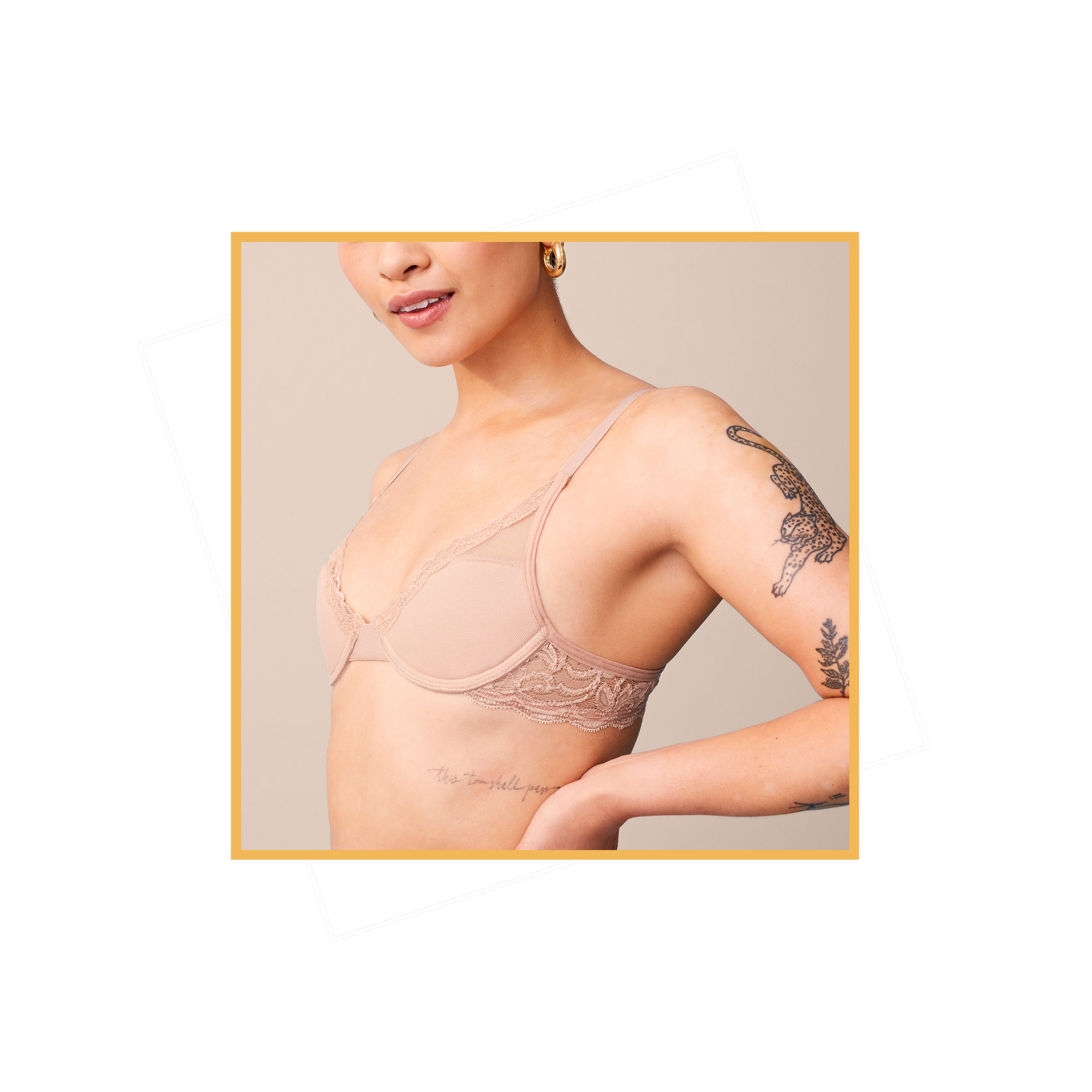 Model wearing a Pepper pink lace bra.