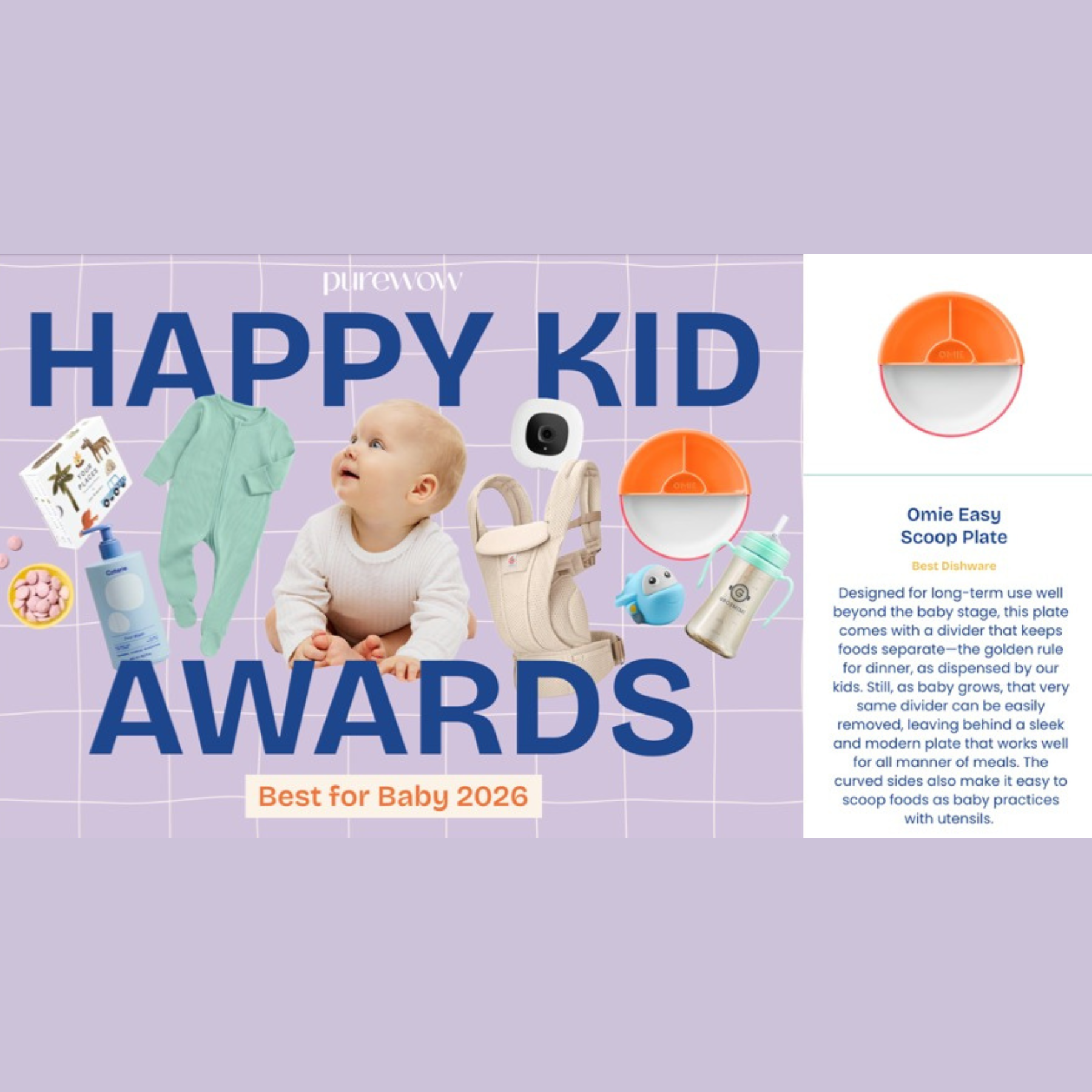 A magazine cover titled 'HAPPY KID AWARDS' with images of a baby and baby products including a toys, clothing, and baby utensils, indicating it is a guide for the best baby products of 2026.