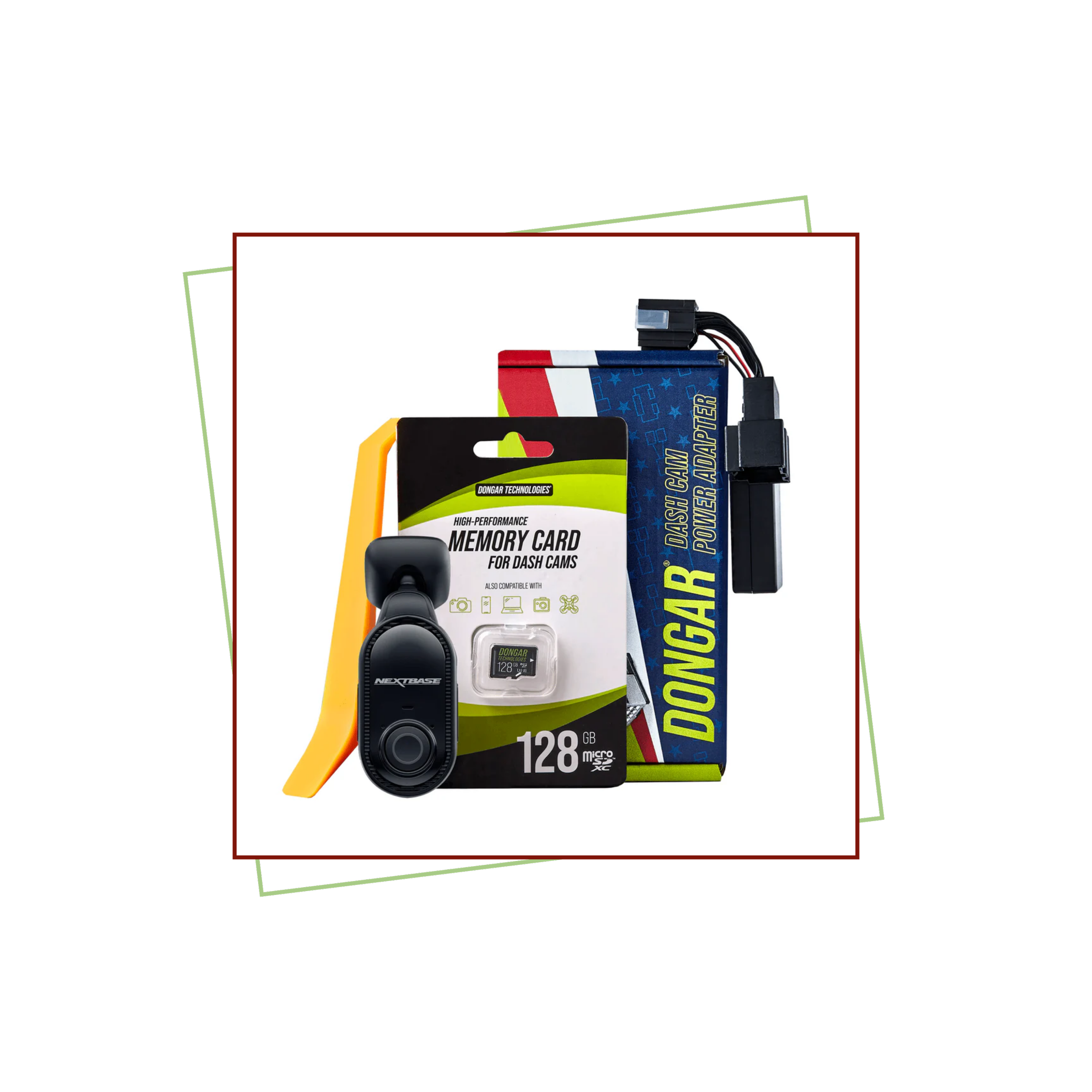 Dongar dash cam with a 128GB memory card and packaging.