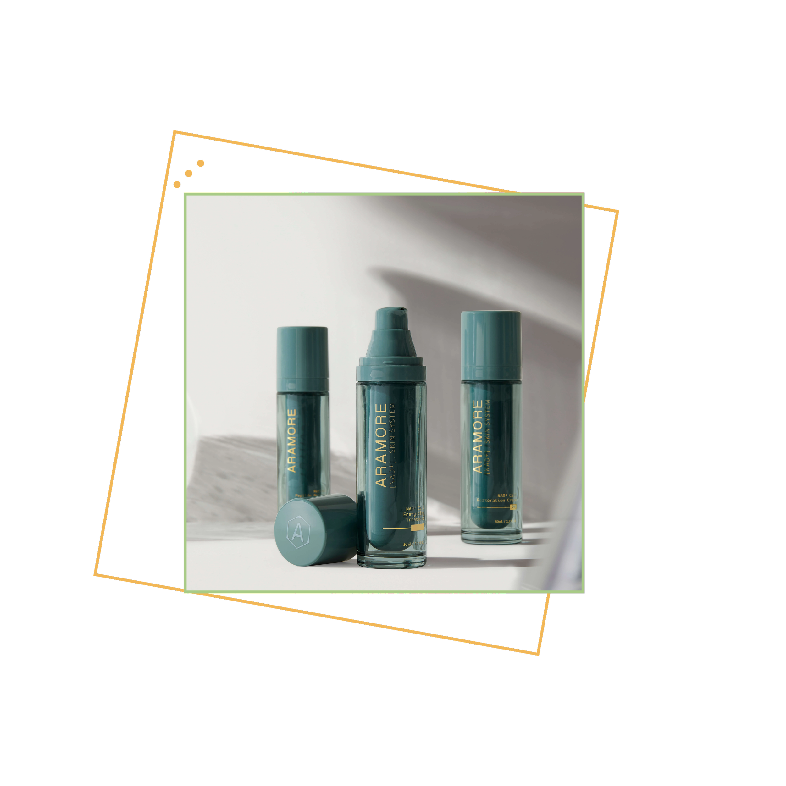 Three deep green Aramore skincare bottles.