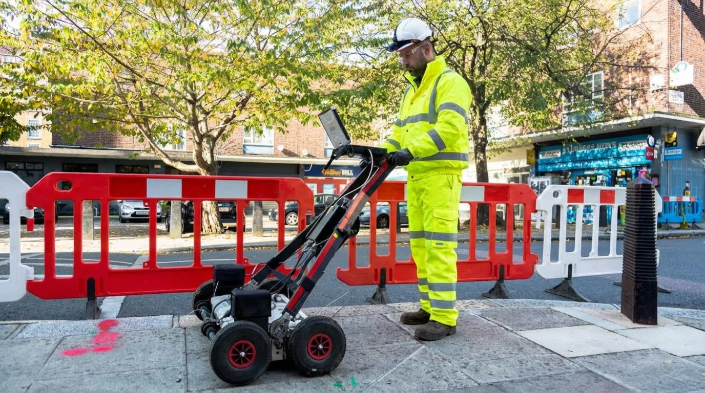 A worker in a yellow high-visibility safety suit and helmet operates a small electronic device on a sidewalk surrounded by red and white construction barriers.