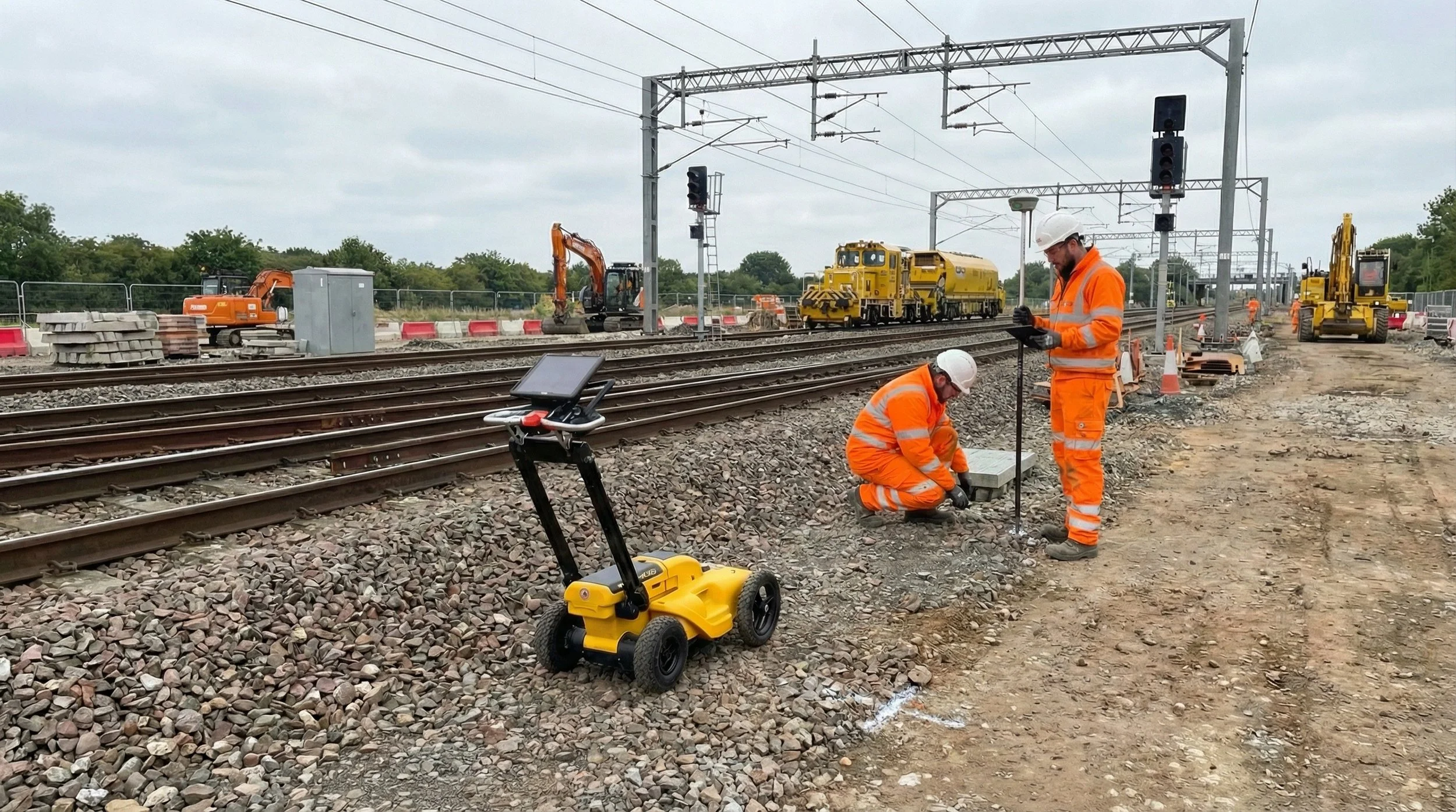 Construction workers in orange safety gear working on railway tracks with construction equipment and machinery in the background.