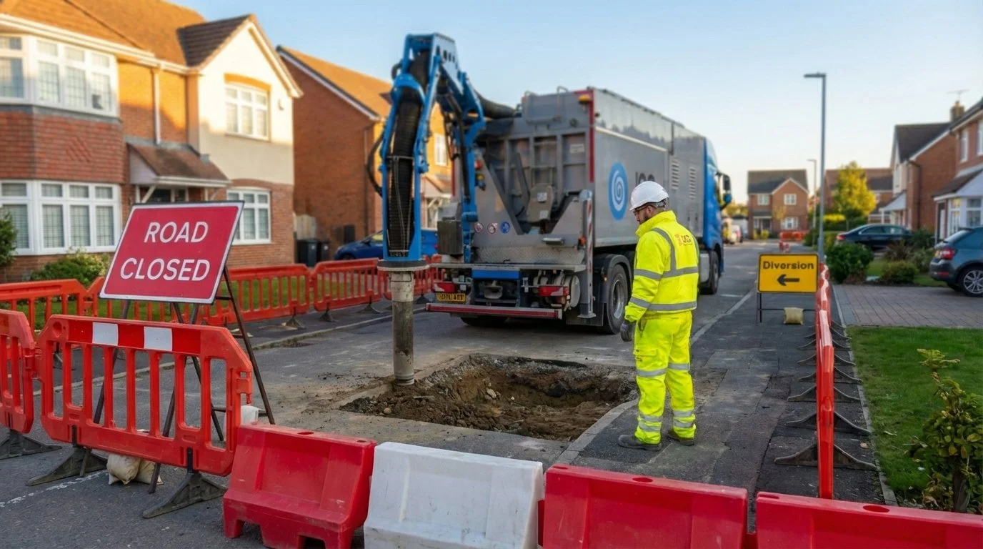 Construction worker wearing a yellow safety outfit and helmet standing near a dug-up section of the street with a road closed sign, some barriers, and a large maintenance truck.