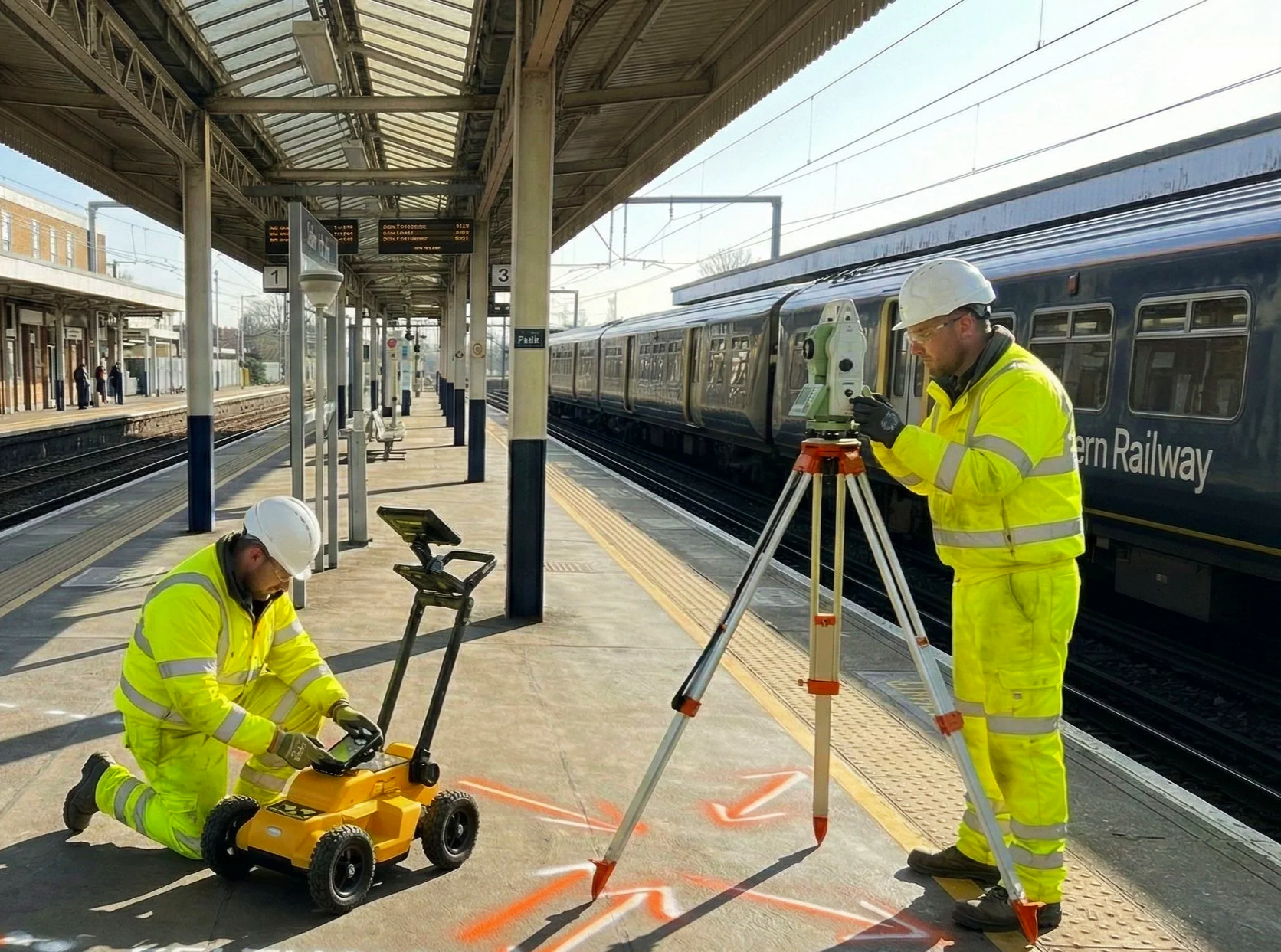 Two railway workers in high-visibility yellow safety clothing and white helmets are conducting surveying work on a train platform. One worker is kneeling on the ground, operating a piece of equipment, while the other is standing and using a mounted device on a tripod. A train is parked on the track beside them, and there are few people on the platform in the background.