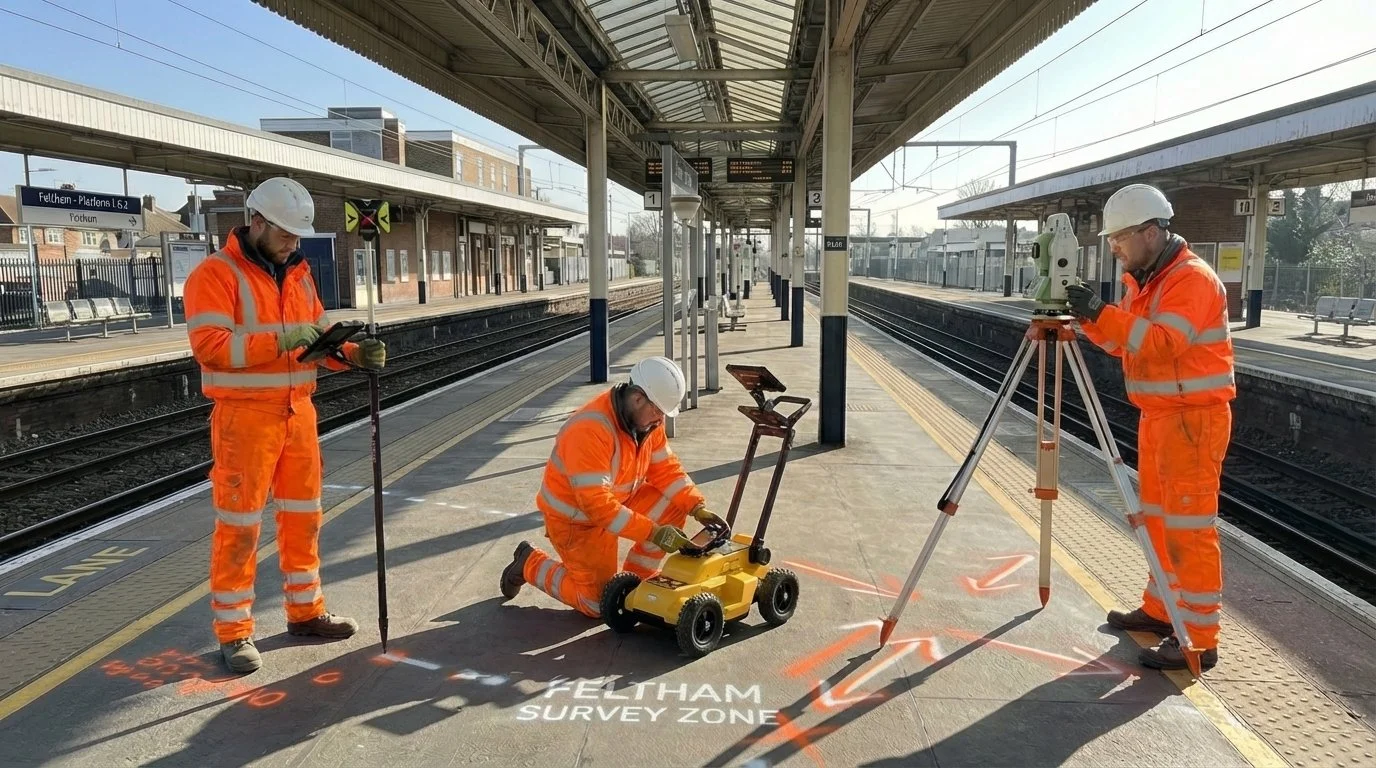 Two railway workers in high-visibility yellow safety clothing and white helmets are conducting surveying work on a train platform. One worker is kneeling on the ground, operating a piece of equipment, while the other is standing and using a mounted device on a tripod. A train is parked on the track beside them, and there are few people on the platform in the background.