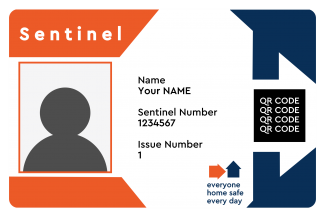 A digital depiction of a Sentinel identification badge with a placeholder profile photo, name, Sentinel number, and issue number, featuring a QR code and a logo with the text 'everyone home safe every day'.