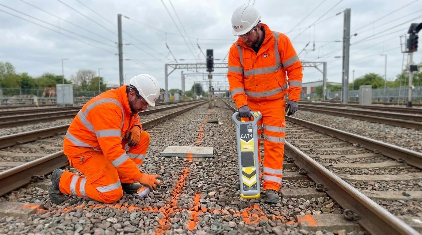 Two railway workers in orange safety uniforms and white hard hats mark the railway tracks with orange spray paint while working on a railway line.