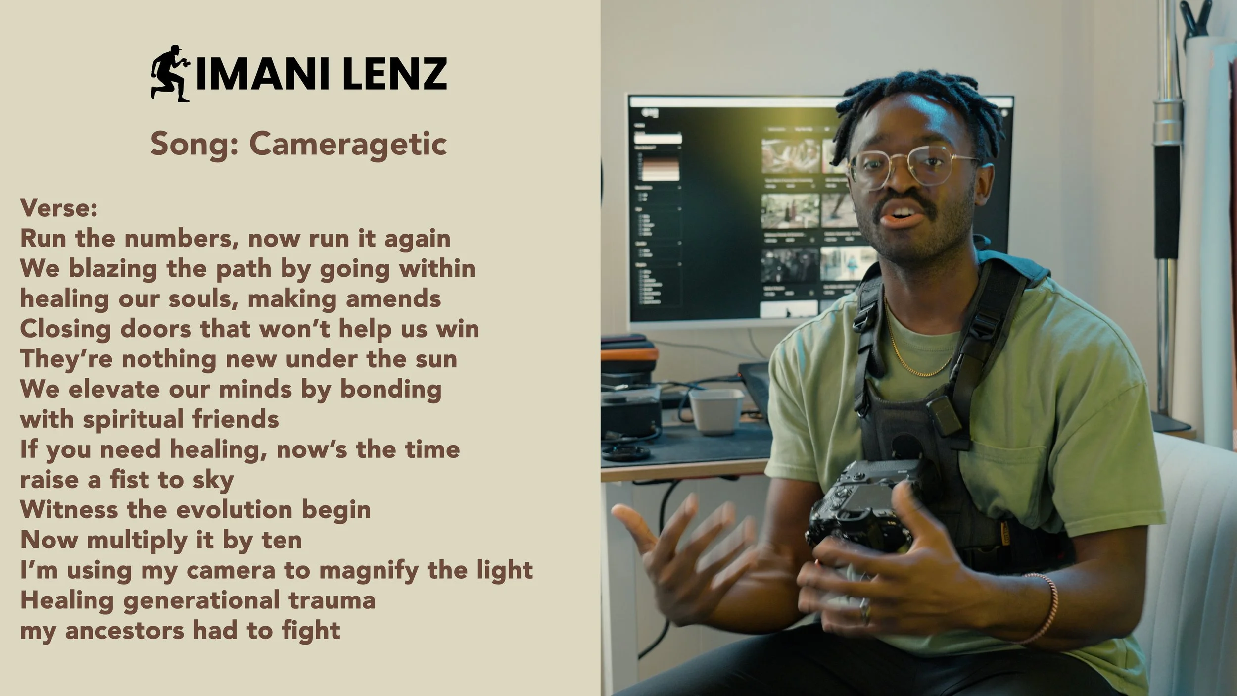 mani Lenz discussing the final verse of Cameragetic during a lyrics breakdown, focusing on healing, spiritual growth, and using the camera to magnify light and generational resilience.