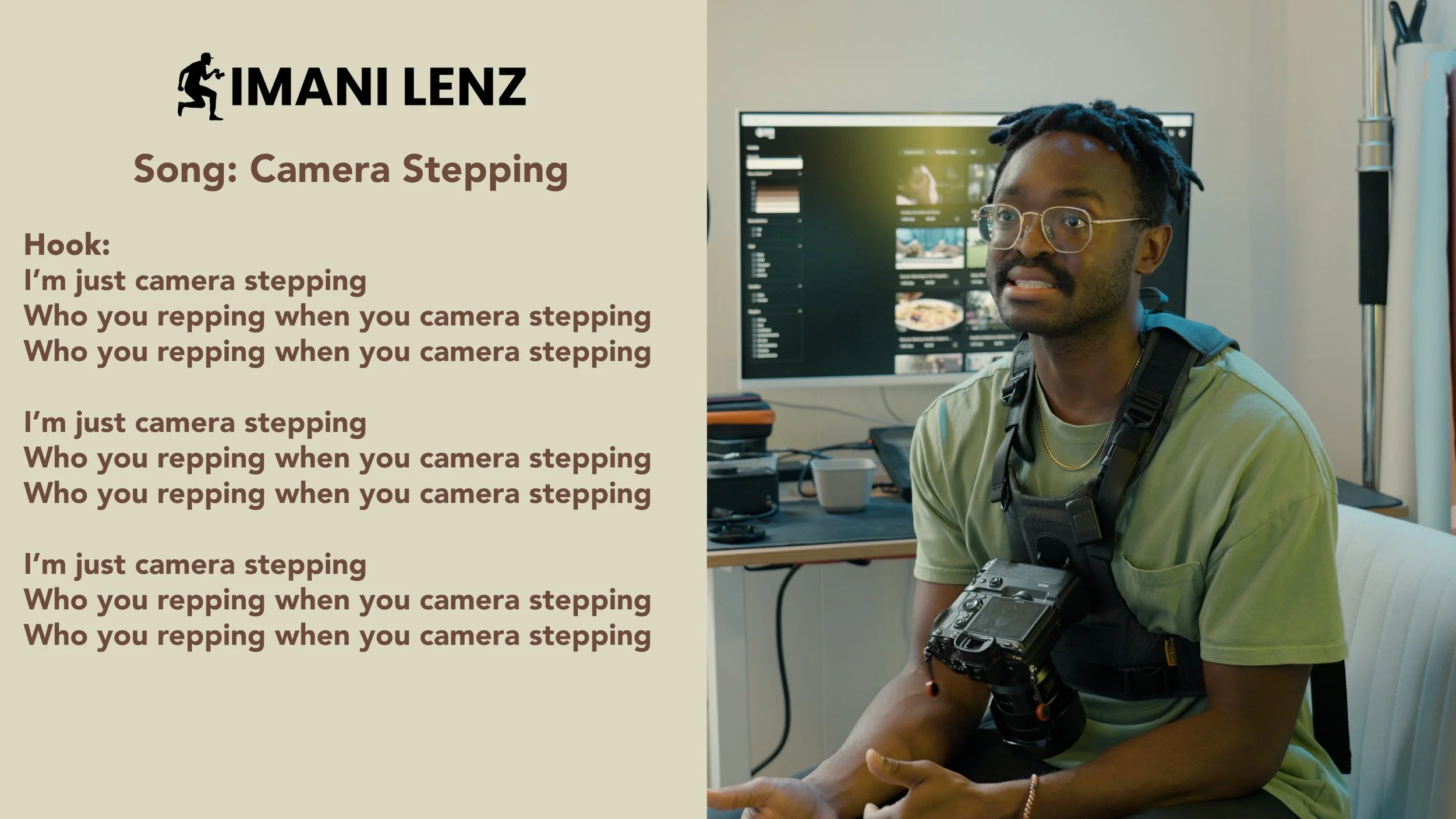 Imani Lenz seated with a camera rig during the Camera Stepping lyrics breakdown, reflecting on creative movement, representation, and responsibility behind the lens.