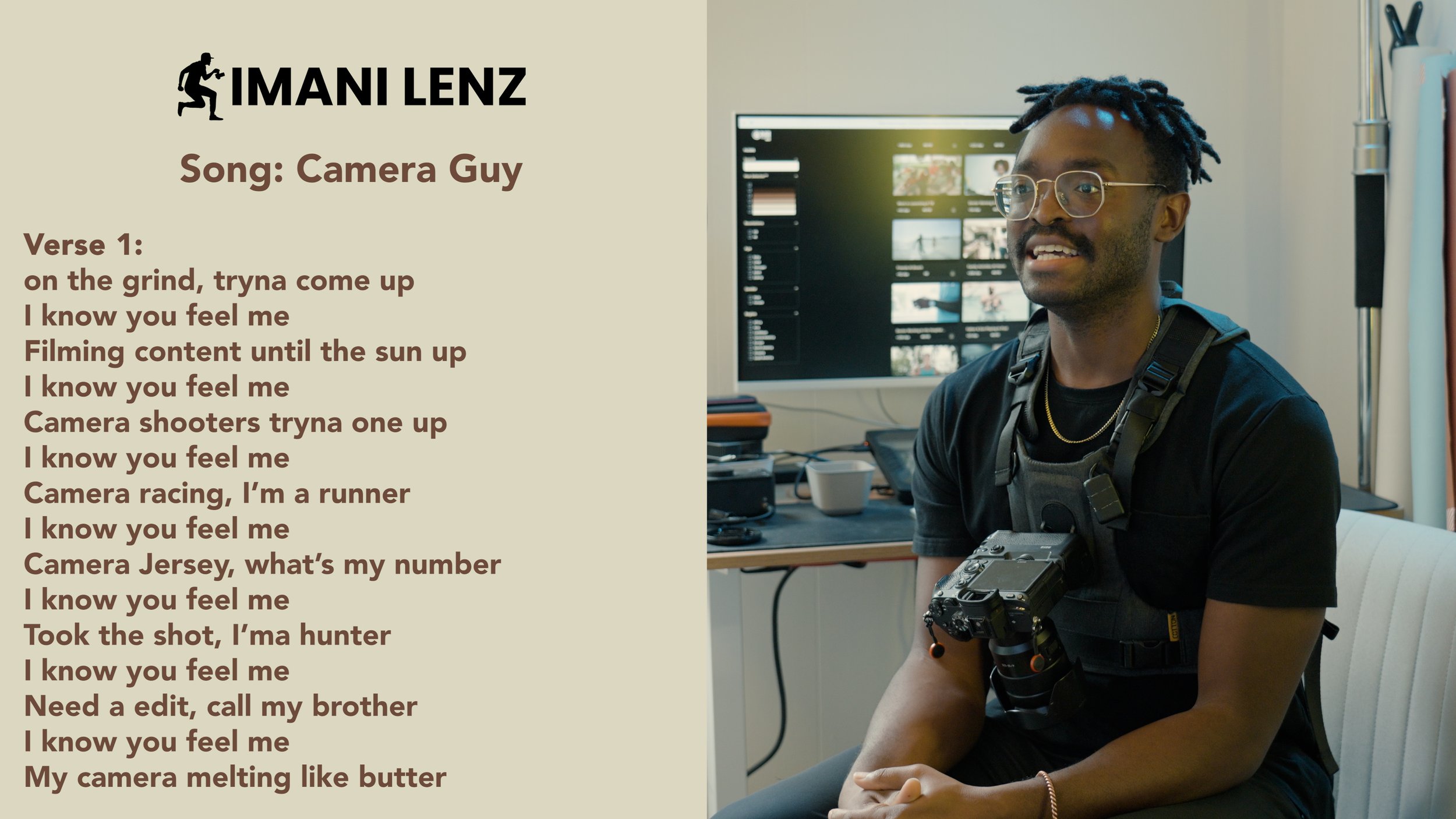Imani Lenz breaking down verse one of “Camera Guy,” reflecting on creative hustle, competition, and filming content late into the night.