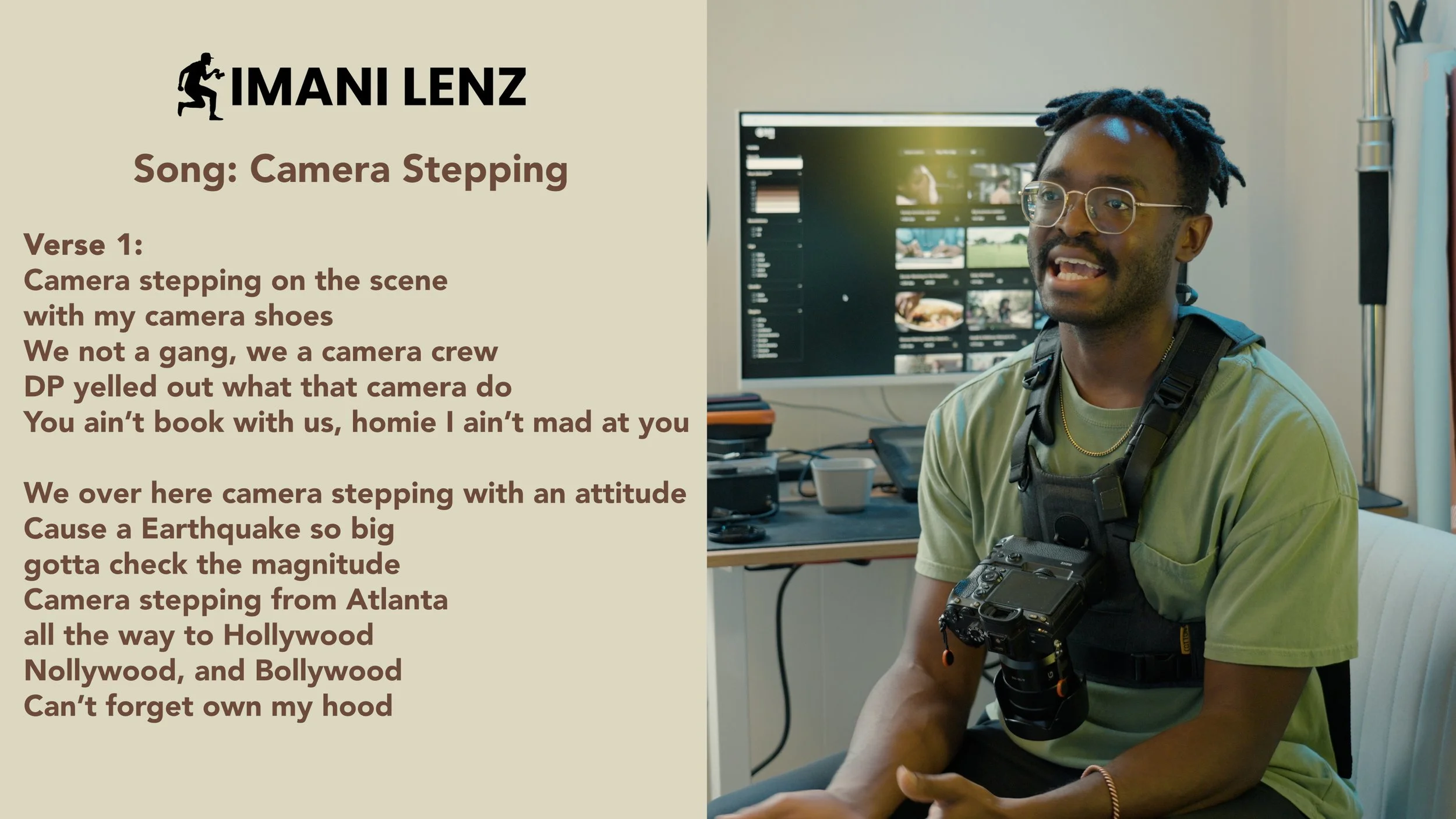 Imani Lenz discussing Verse 1 of Camera Stepping, reflecting on camera crew culture, creative confidence, and filming from Atlanta to global communities.