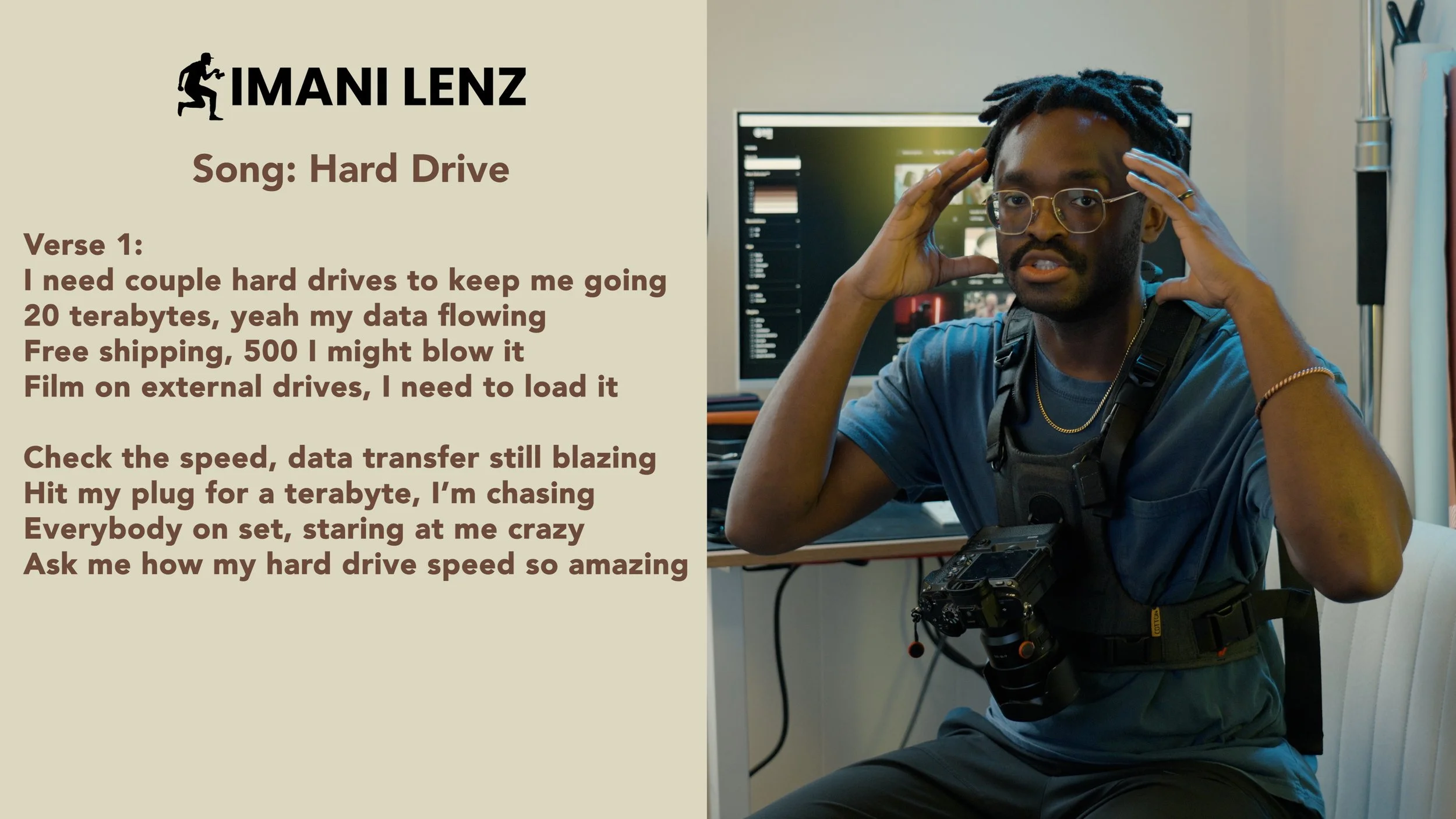 Imani Lenz breaking down verse one of Hard Drive, discussing data storage, hard drives, and life as a filmmaker