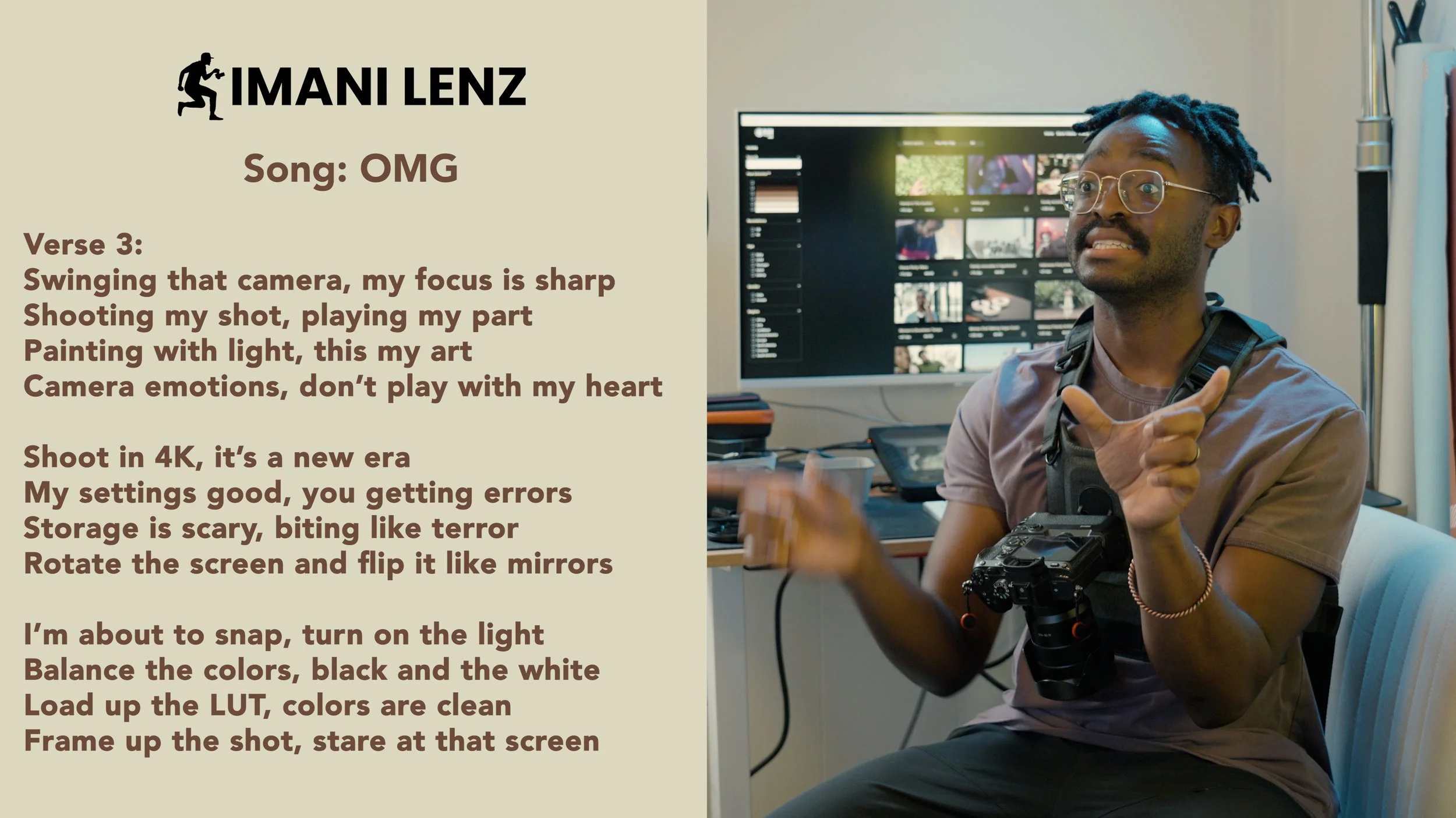 Imani Lenz gesturing with precision while breaking down verse three of OMG, discussing light, color, and cinematic storytelling