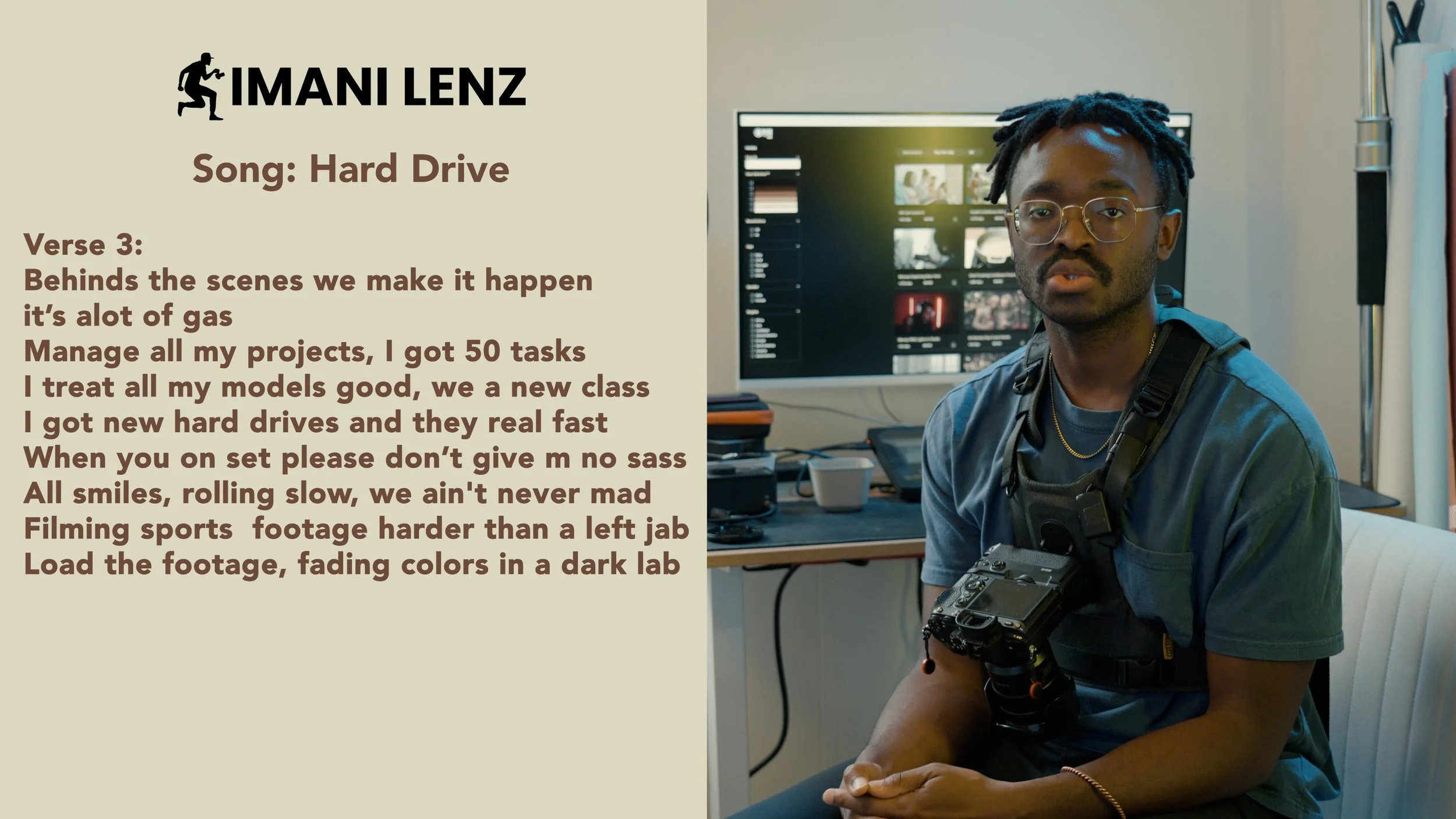 Imani Lenz discussing verse three of Hard Drive, emphasizing production management and behind-the-scenes work