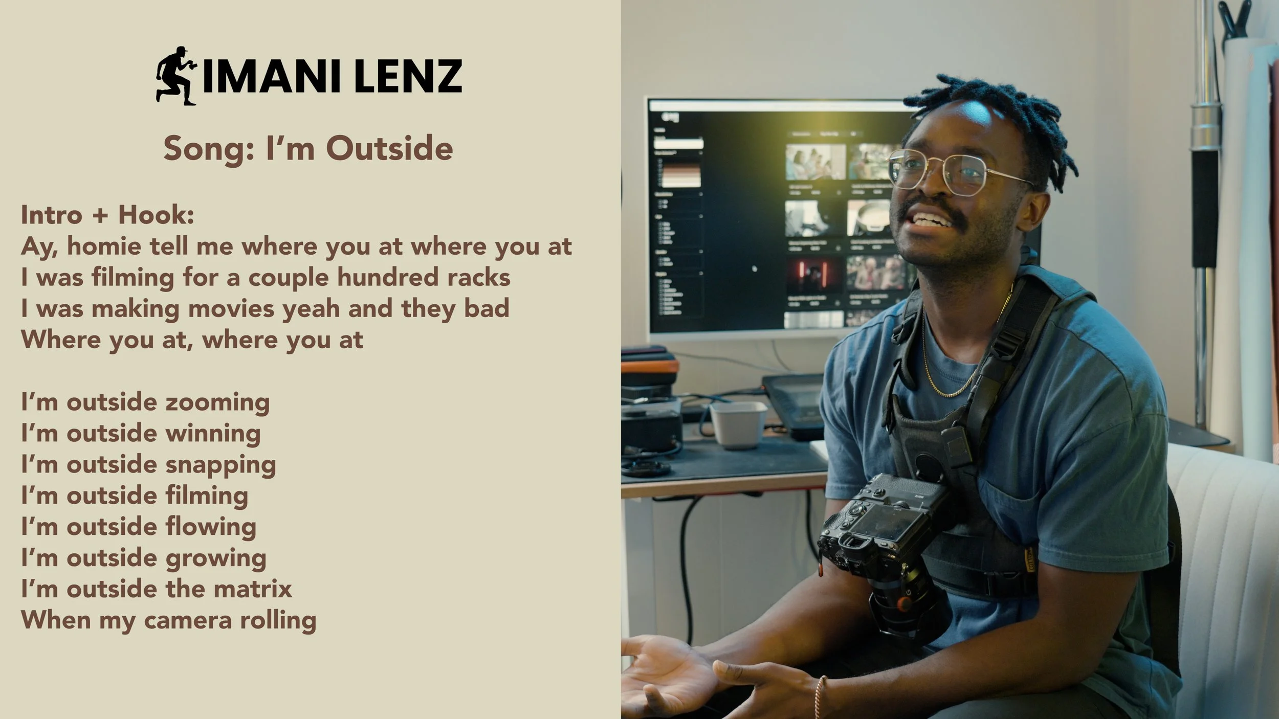 Imani Lenz performing the hook of Im Outside lyrics breakdown while discussing creativity and filming