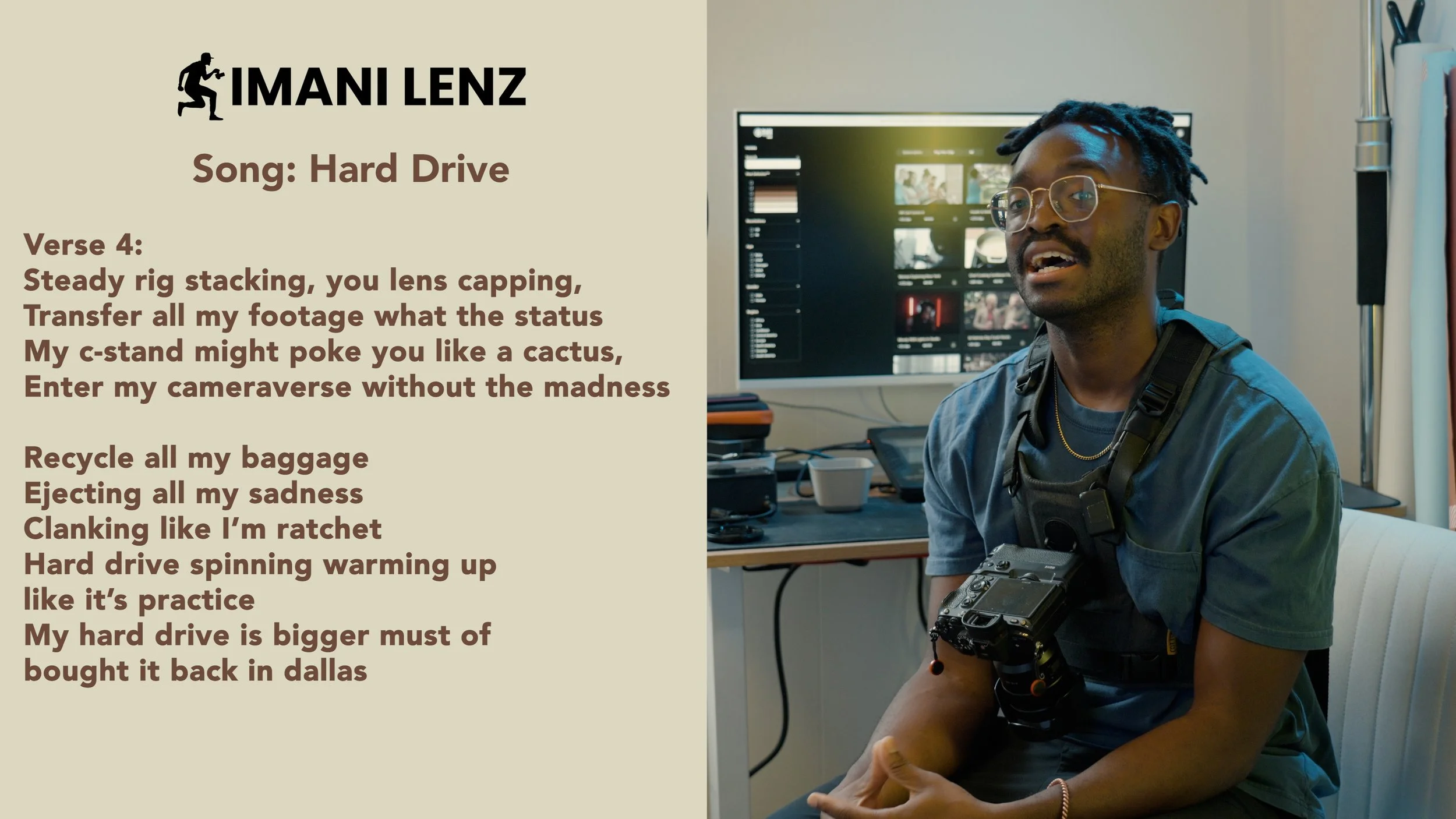 Imani Lenz breaking down verse four of Hard Drive, connecting filmmaking tools with personal growth and creative discipline