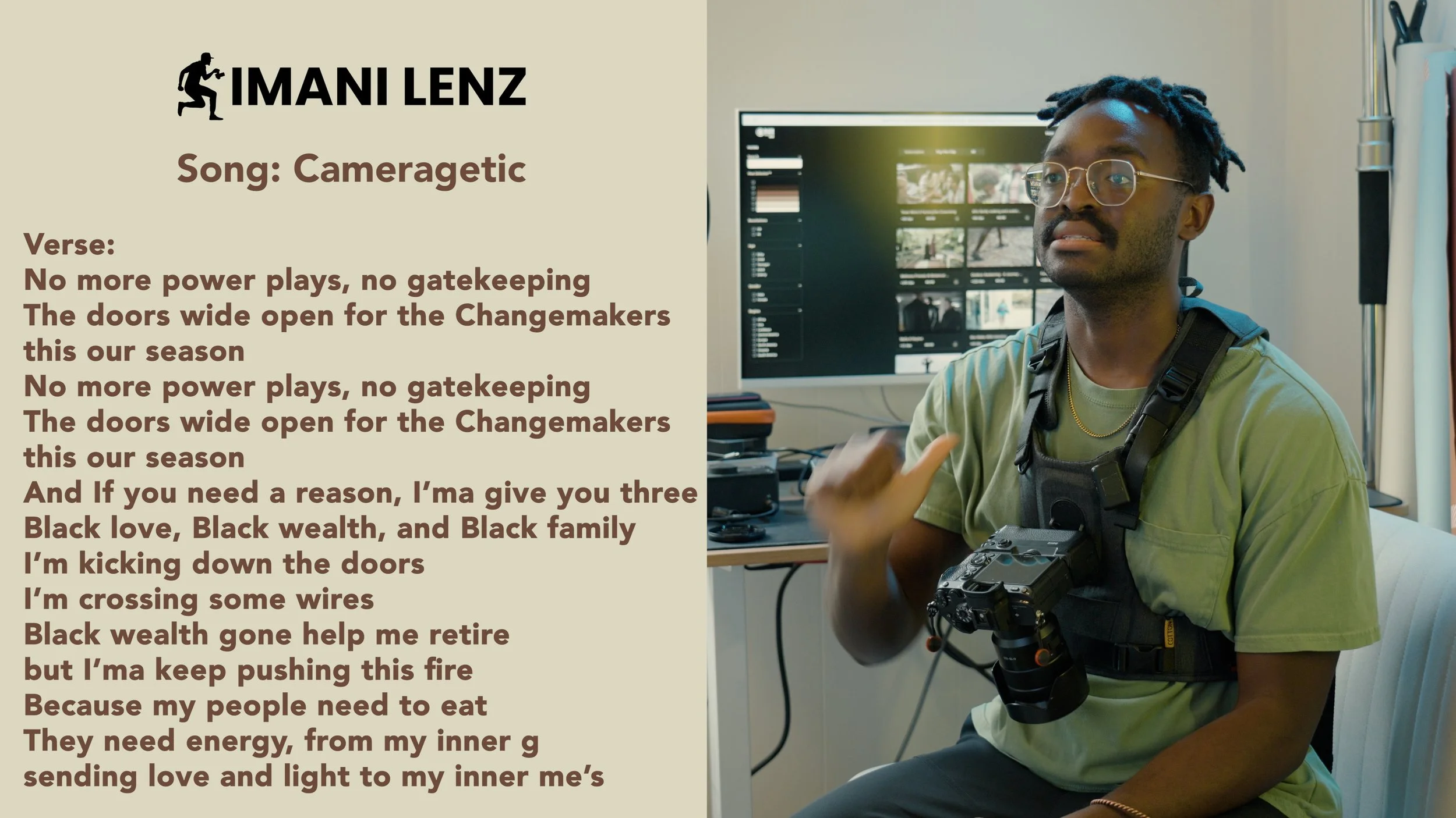 Imani Lenz discussing the lyrics of Cameragetic during a song lyrics breakdown, reflecting on Black empowerment, gatekeeping, and collective wealth while seated with a camera.