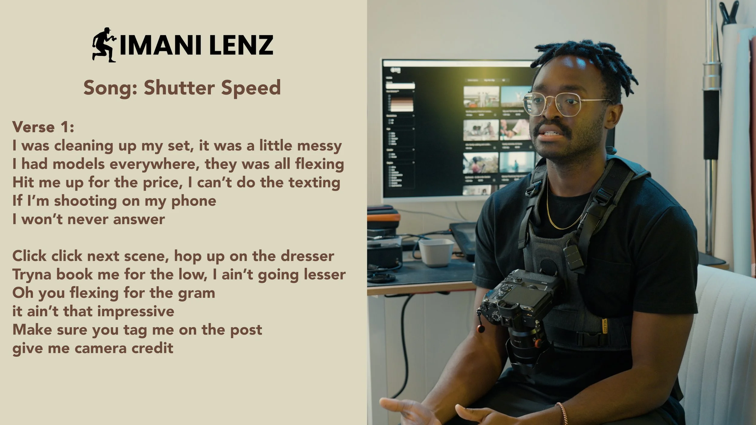 Imani Lenz breaking down Verse 1 of Shutter Speed, discussing the realities of film sets, creative labor, and maintaining self-worth as a content creator.