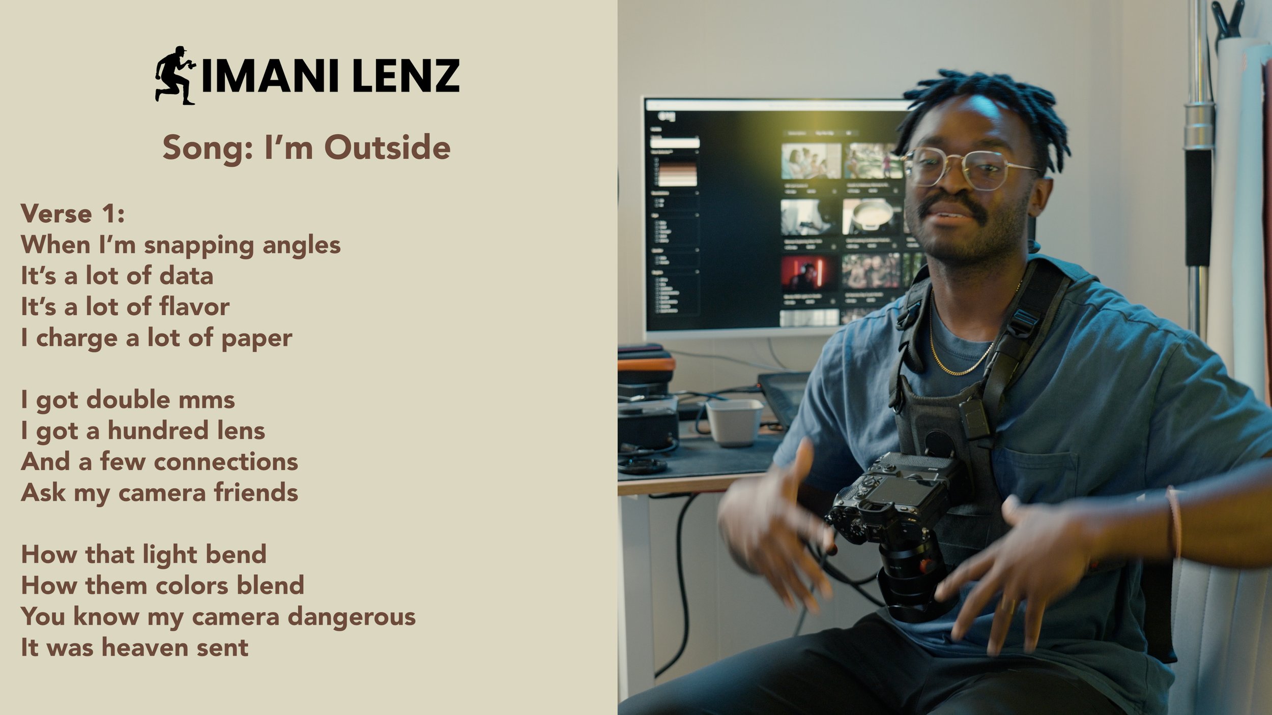 Imani Lenz explaining verse one of Im Outside lyrics with camera gear and filmmaking setup