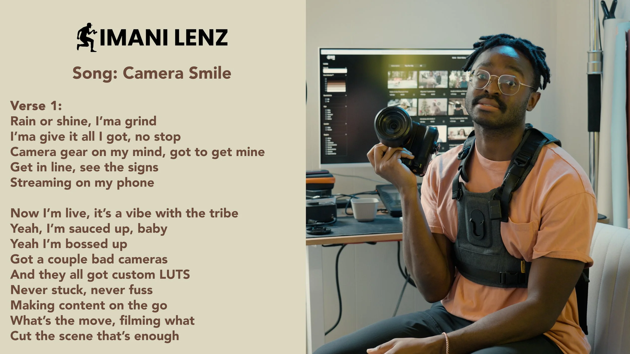 Imani Lenz holding a camera while discussing verse one of Camera Smile during a lyrics breakdown