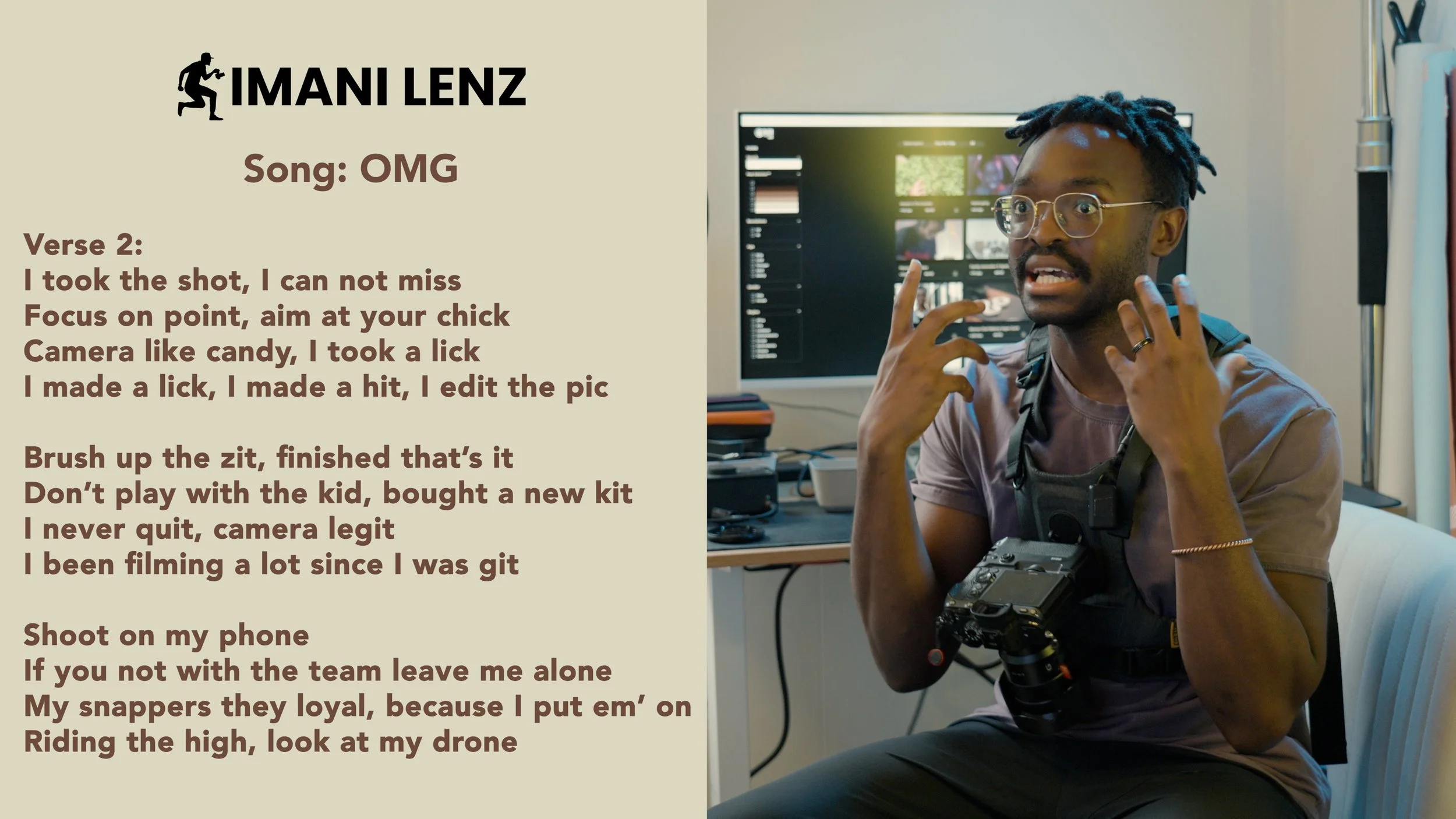 Imani Lenz animatedly breaking down verse two of OMG, emphasizing focus, confidence, and creative execution