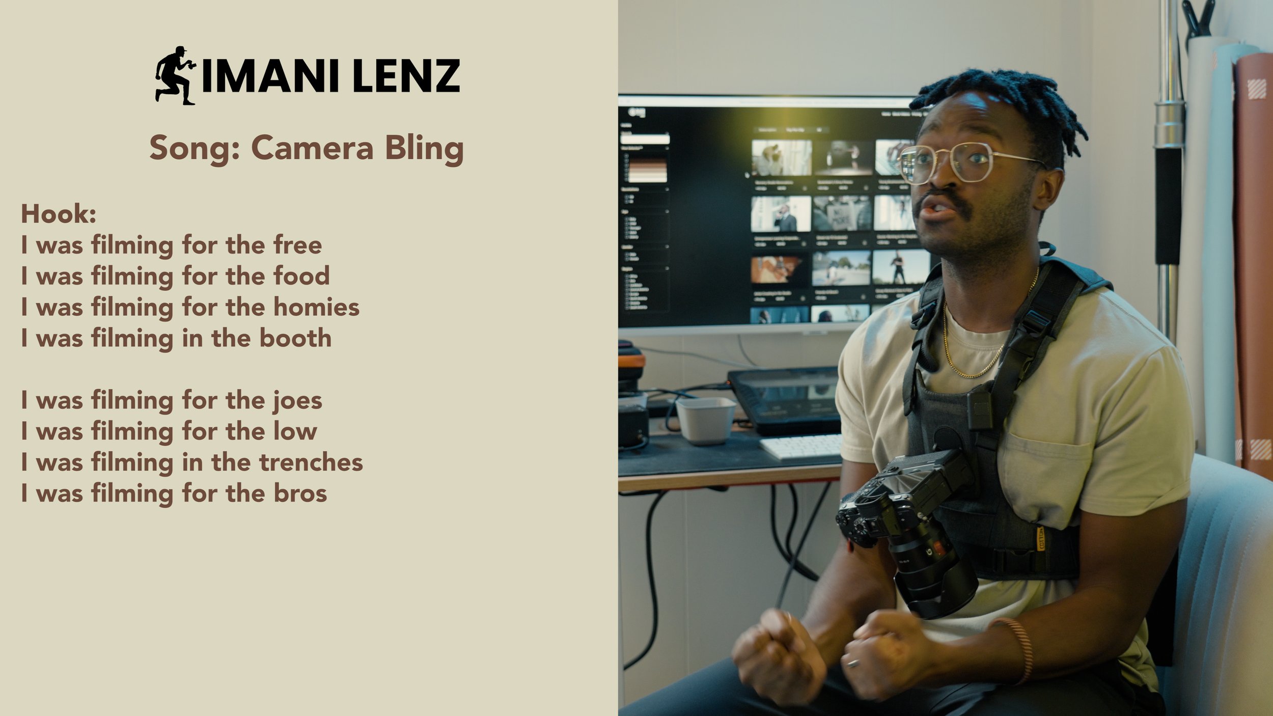 Imani Lenz explaining the hook of his song Camera Bling during a lyrics breakdown video