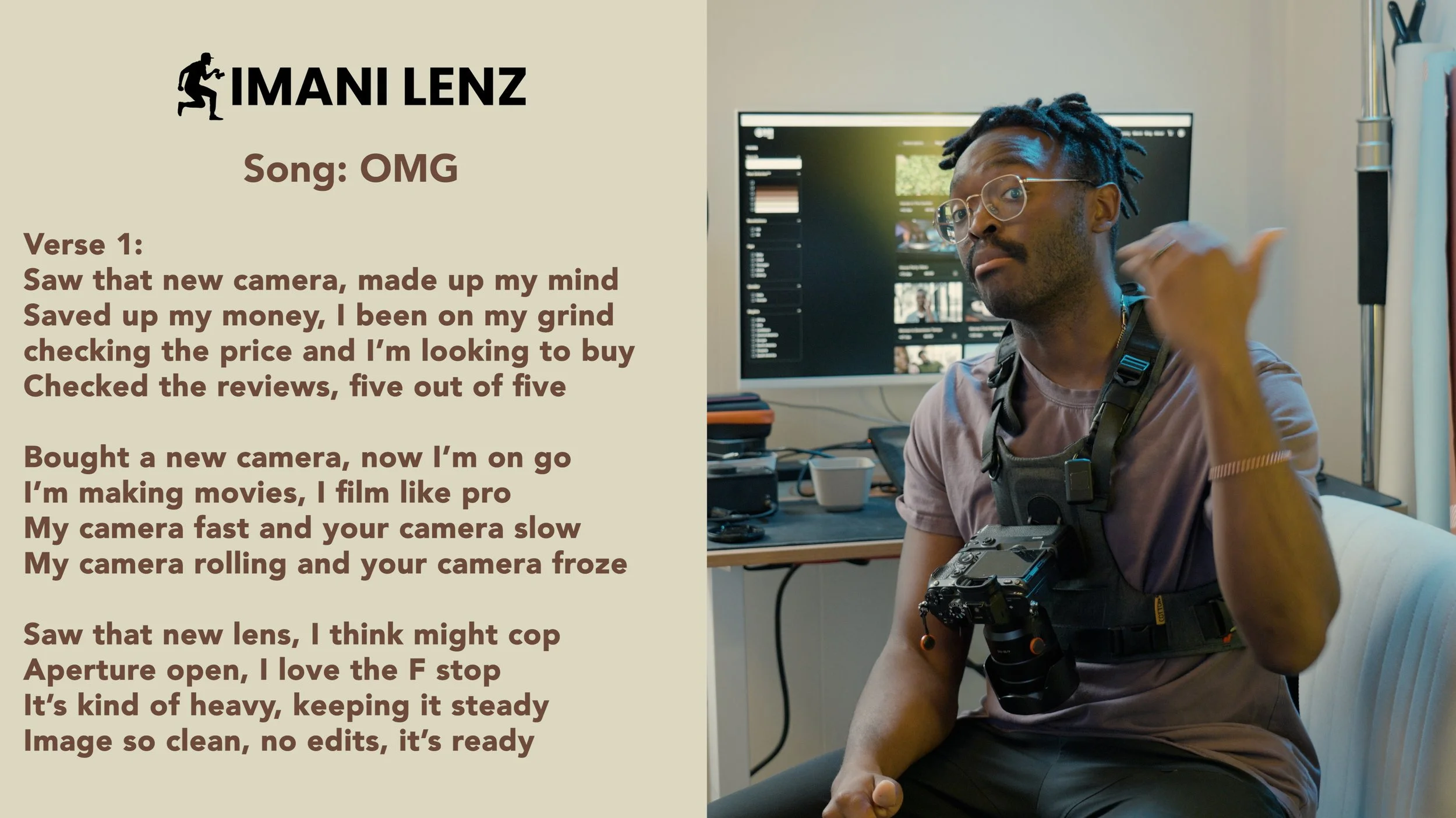Imani Lenz explaining verse one of OMG while discussing buying a new camera and committing to his creative grind