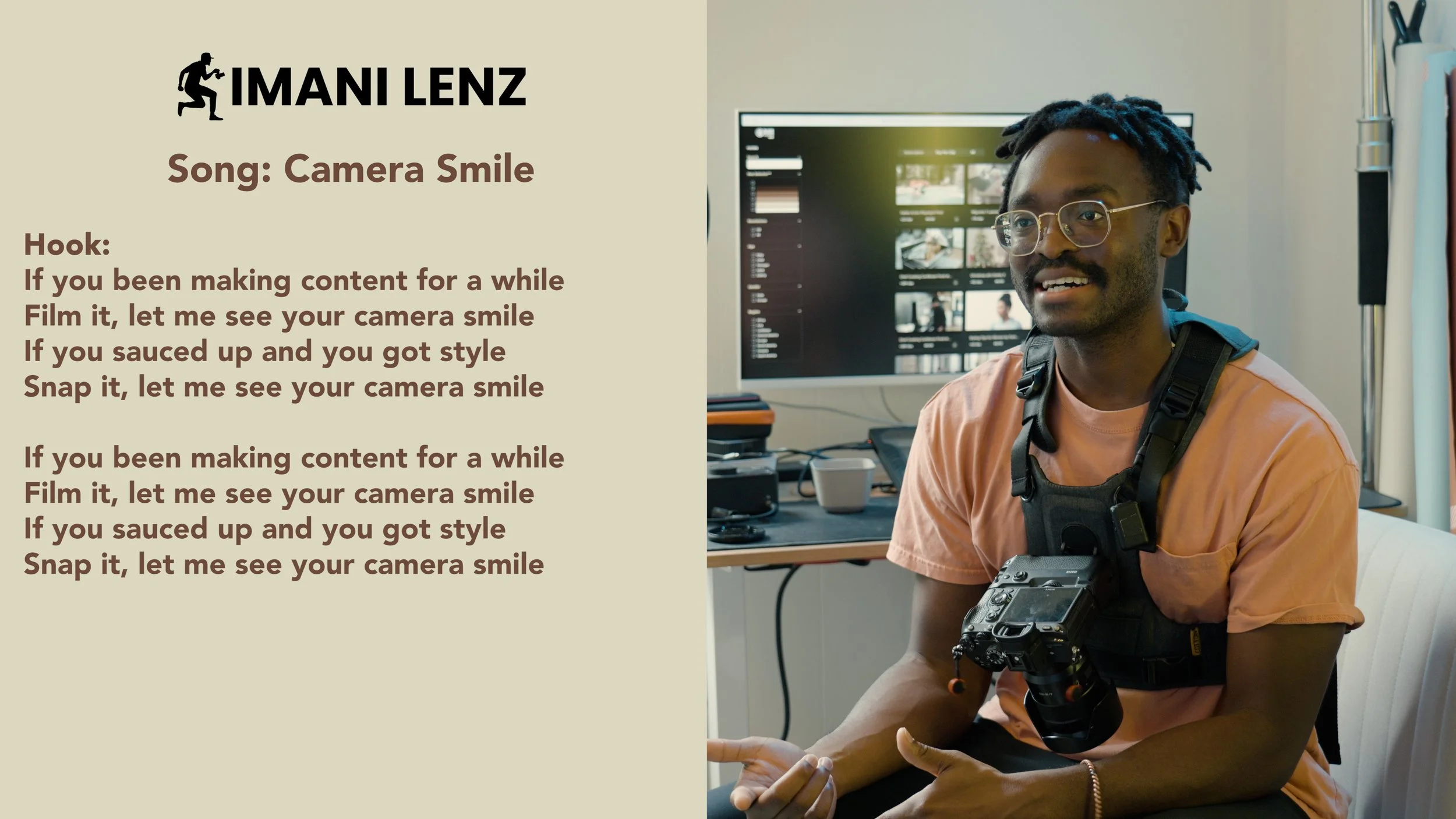 Imani Lenz smiling while holding a camera during the hook of his song Camera Smile lyrics breakdown