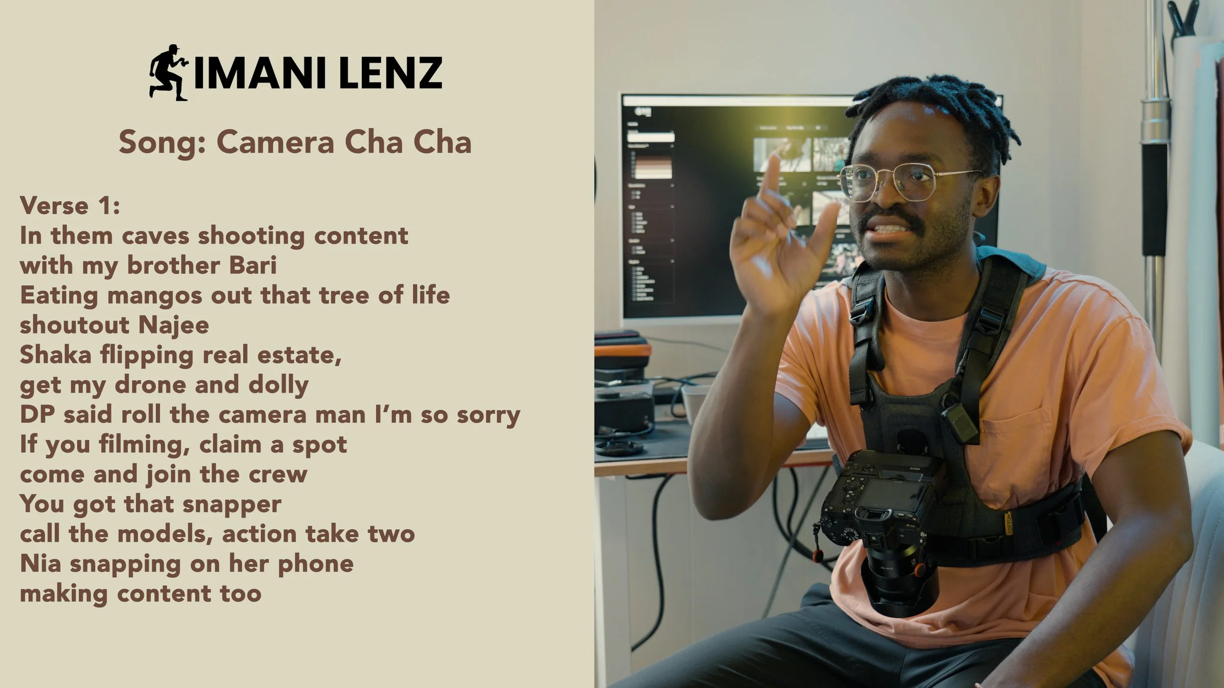 Imani Lenz explaining verse one of Camera Cha Cha with behind-the-scenes insight into collaboration and filming on set