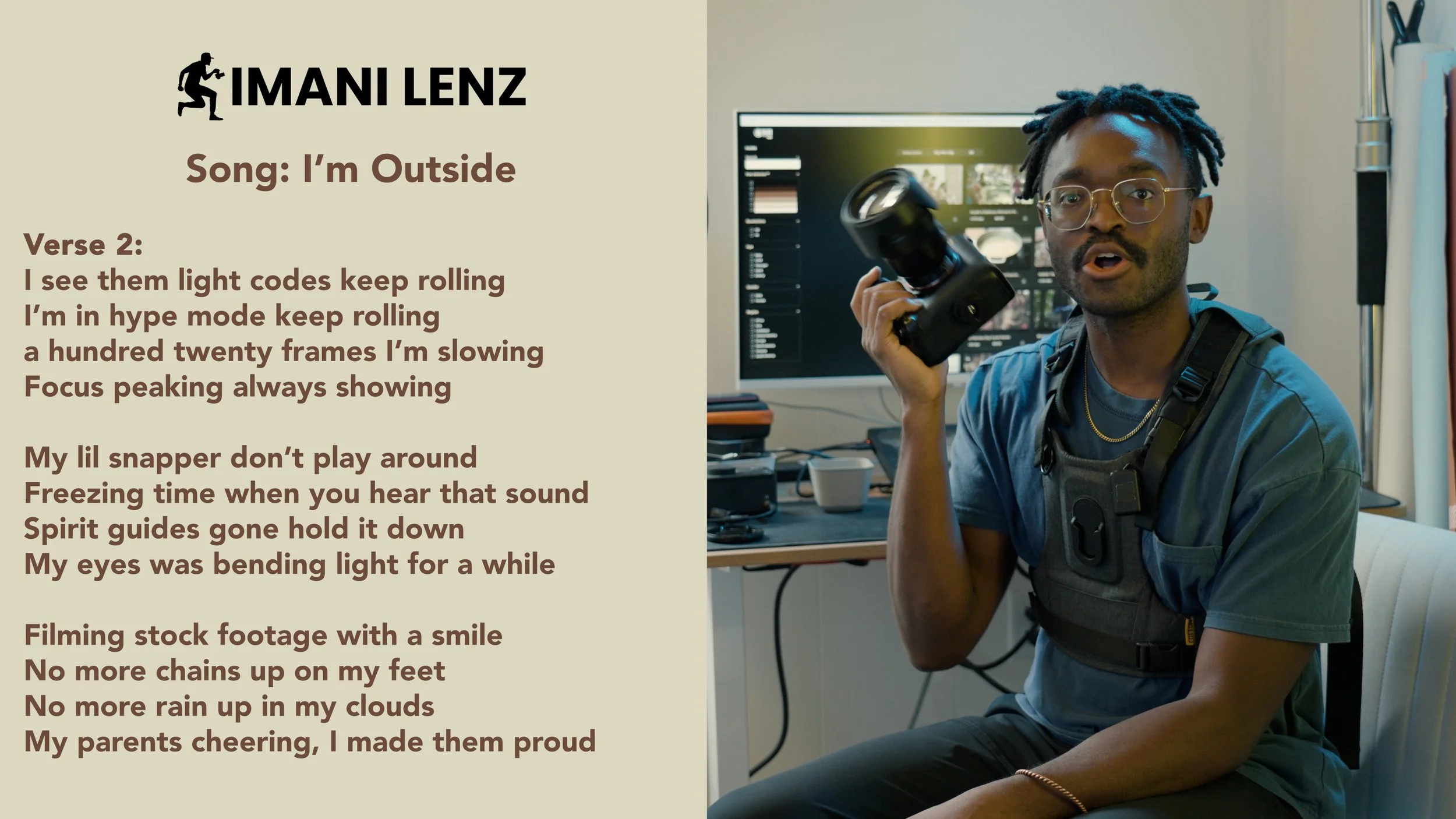 Imani Lenz holding camera lens during verse two Im Outside lyrics breakdown in studio