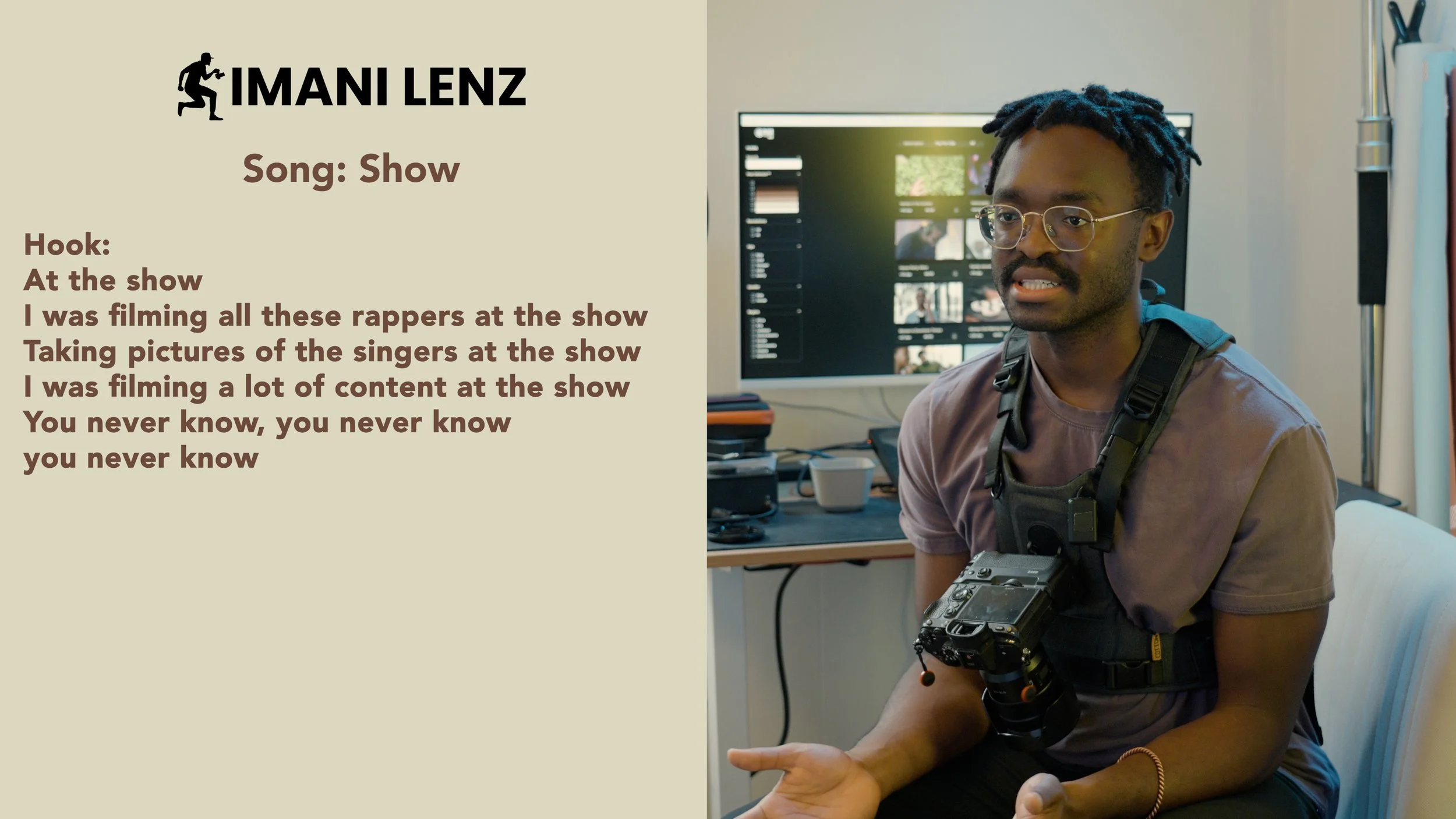 Imani Lenz breaking down the hook of the song Show, reflecting on filming artists and capturing moments live at events