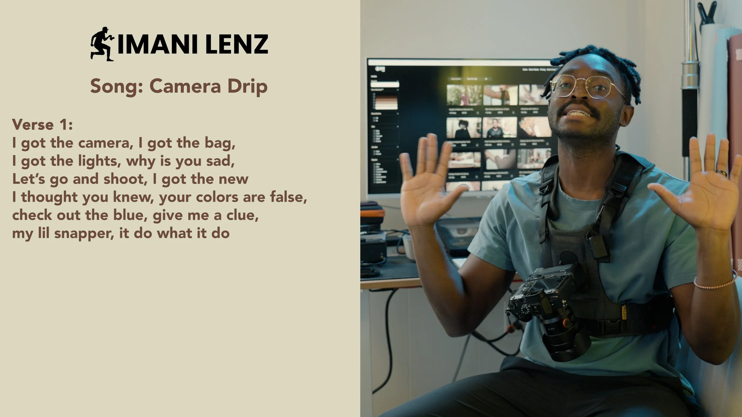 Imani Lenz raises his hands while discussing Verse 1 of “Camera Drip,” reflecting on tools, preparation, and confidence as a working filmmaker and music artist.