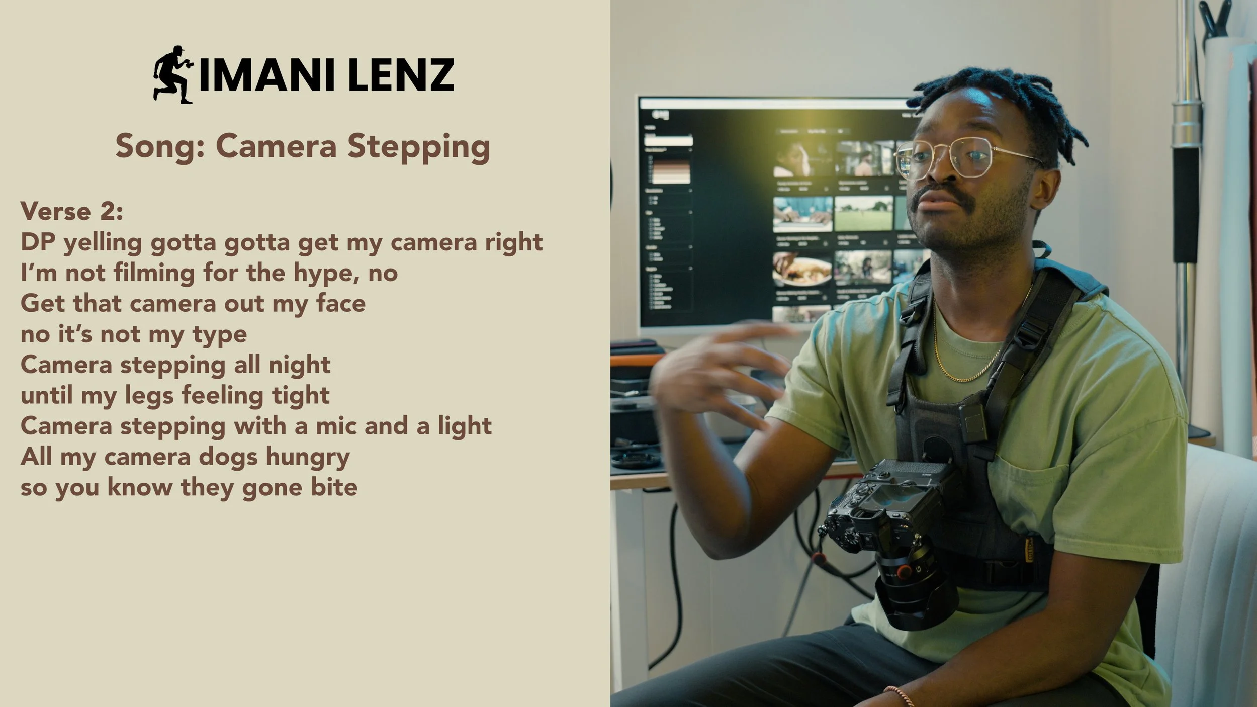 Imani Lenz gesturing while discussing Verse 2 of Camera Stepping, emphasizing creative discipline, long nights filming, and intention behind the camera.
