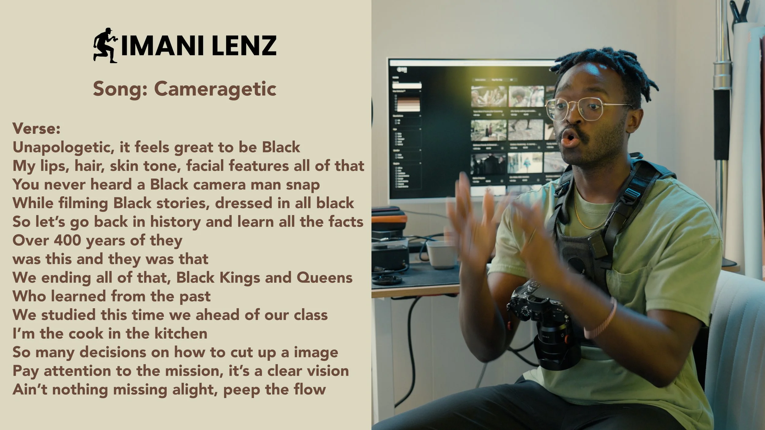 Imani Lenz explaining the lyrics of Cameragetic during a song lyrics breakdown, reflecting on Black identity, history, and creative intention while wearing a camera harness.