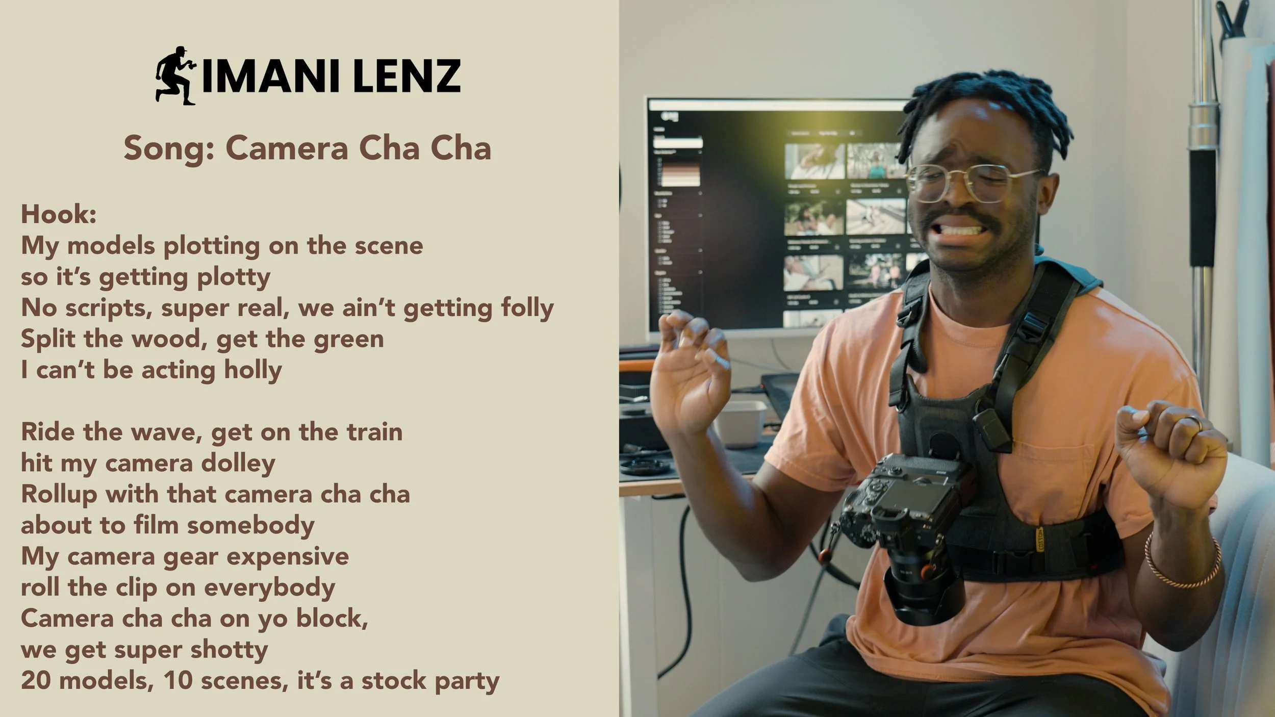 Imani Lenz performing Camera Cha Cha lyrics breakdown while discussing real-world filming and stock content creation