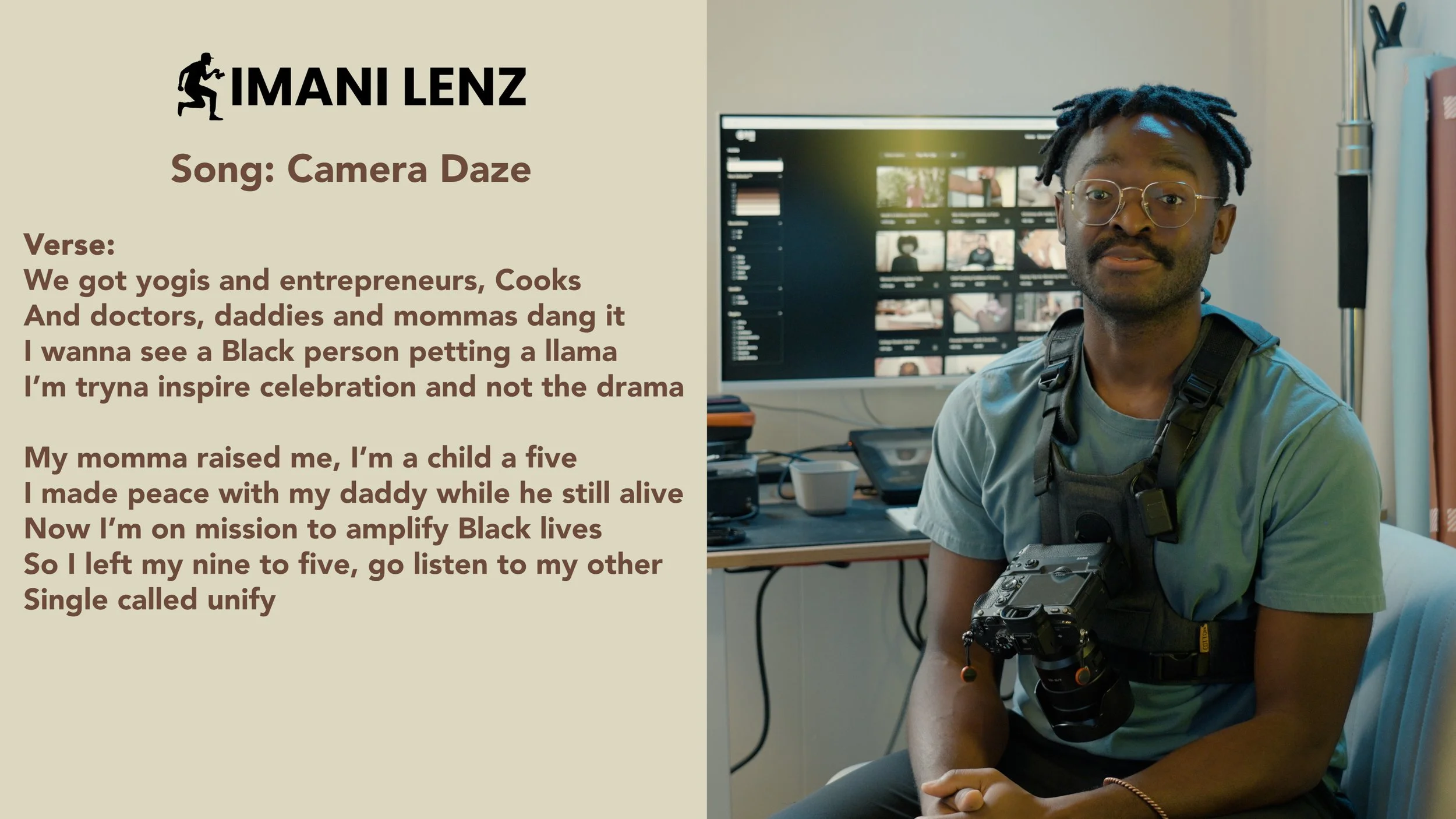 Imani Lenz explaining a verse from Camera Daze focused on community and representation