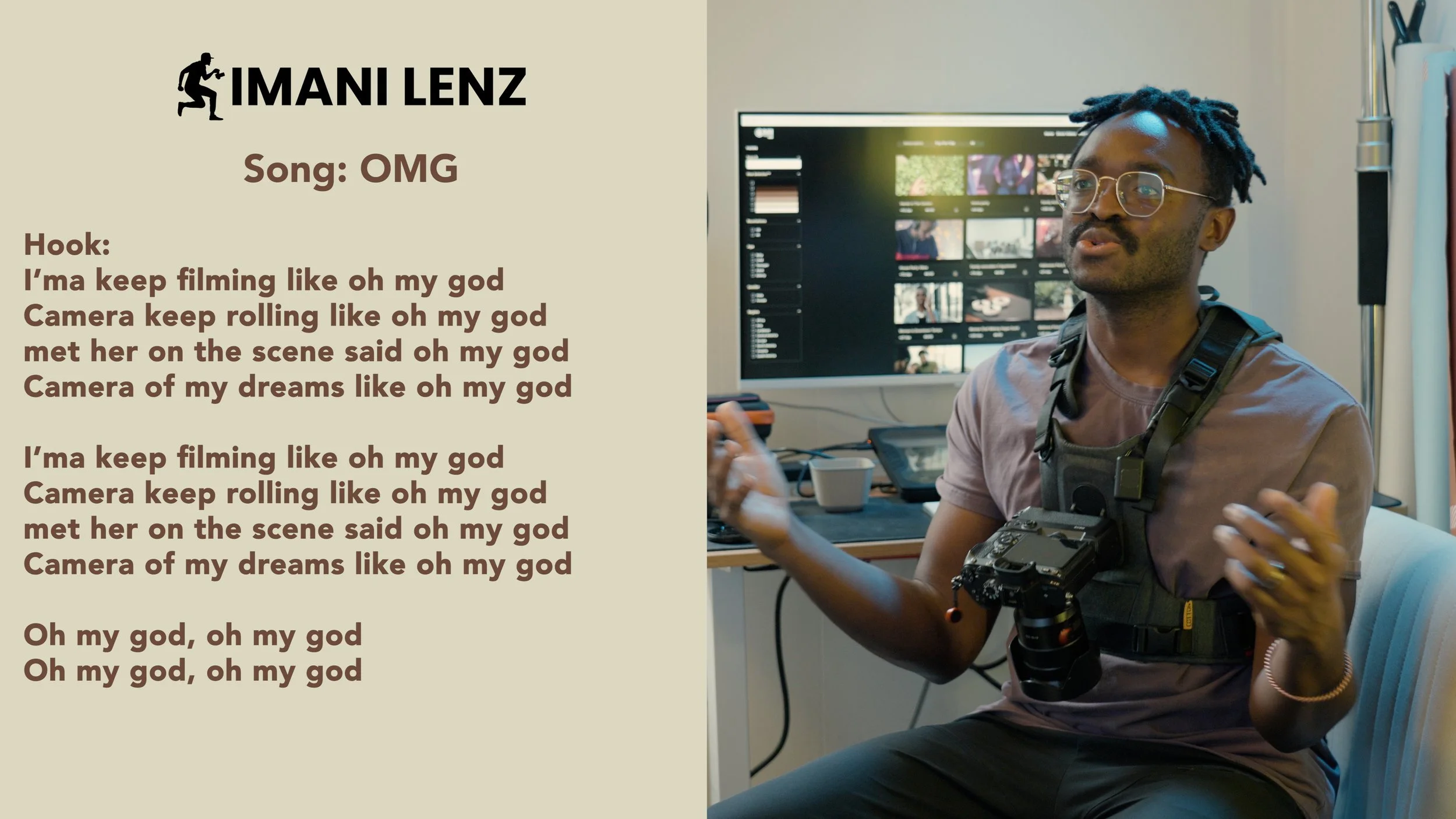 Imani Lenz smiling and gesturing while breaking down the hook of OMG, expressing excitement about filmmaking and creative momentum