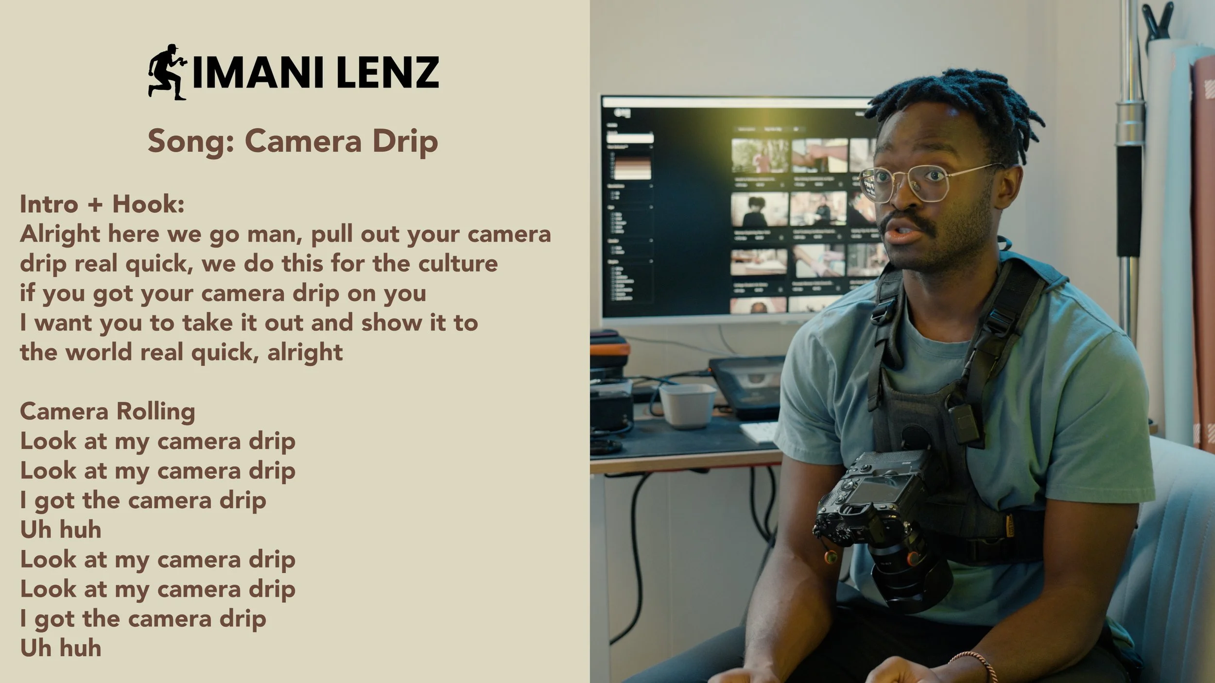 Imani Lenz wearing a camera chest rig speaks passionately while breaking down the intro and hook of his song “Camera Drip,” a track about creative confidence and showing up for culture.
