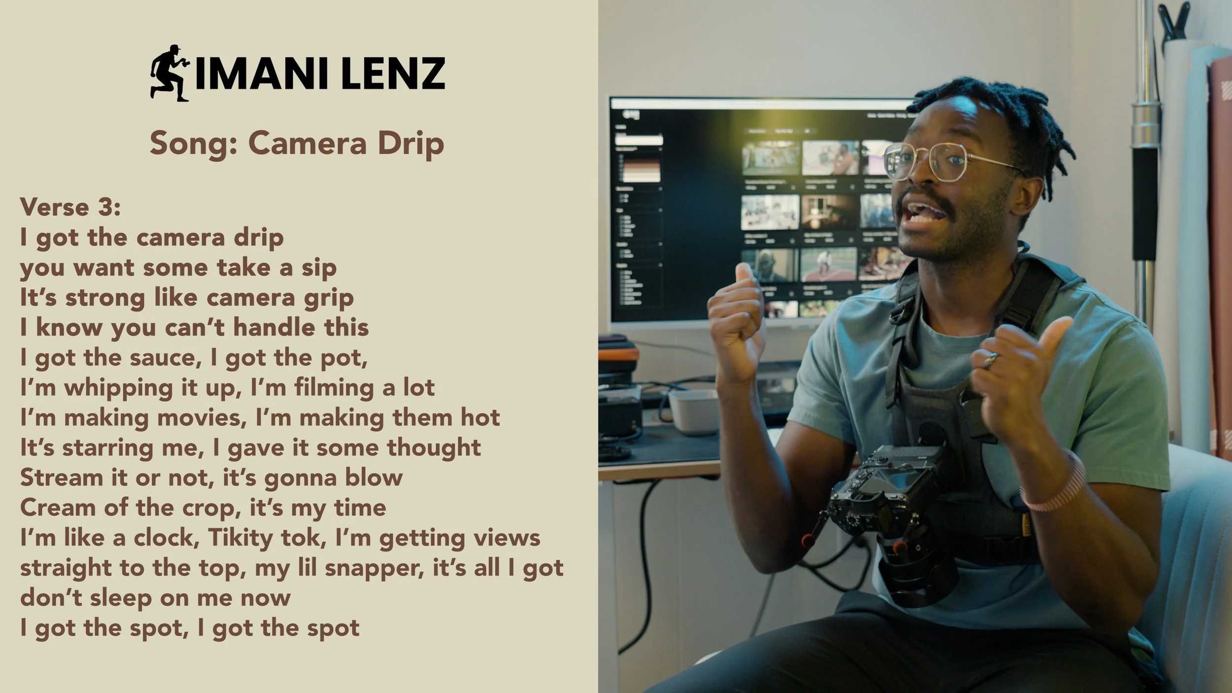 Imani Lenz breaking down the song Camera Drip while wearing a camera harness, speaking about creative confidence, momentum, and filmmaking energy.