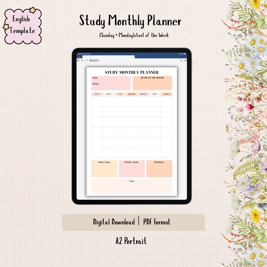 Study Monthly Planner Template | A2