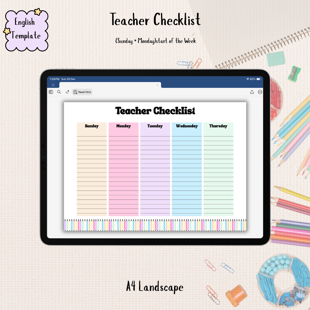 ✅ Teacher Checklist | A4 Landscape Weekly Template