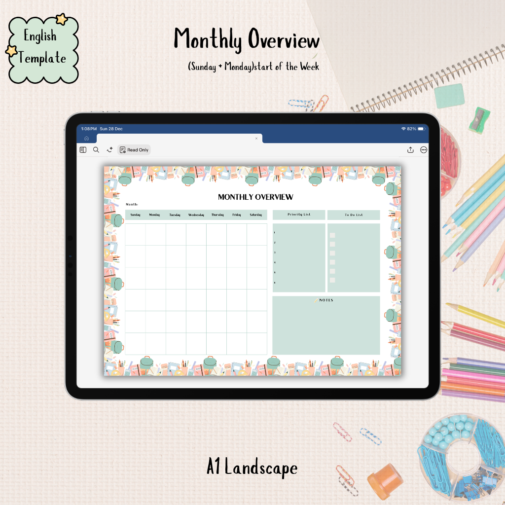 Student Monthly Planner | A1 Landscape Template