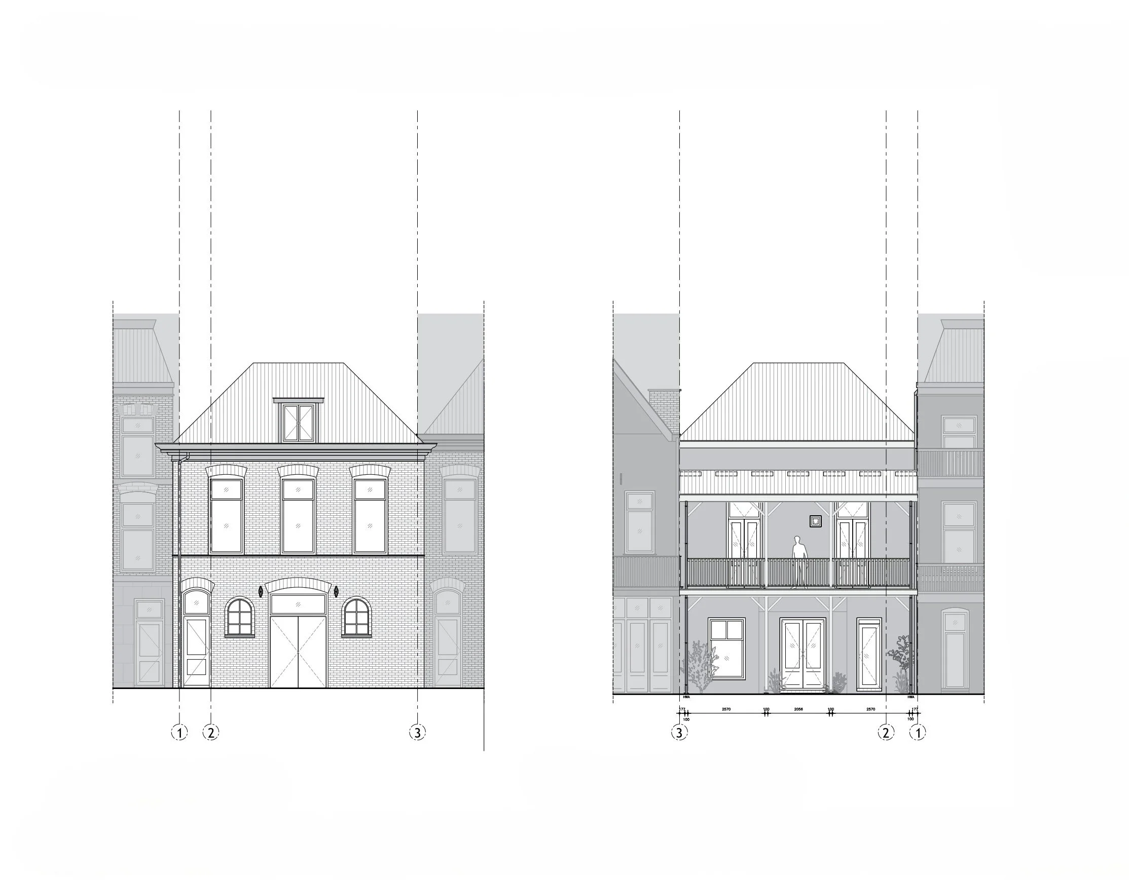 Architectuurtekening met AutoCad 2D van een gebouw met voorgevel en zijaanzicht, inclusief details zoals ramen, deuren en plattegronden.