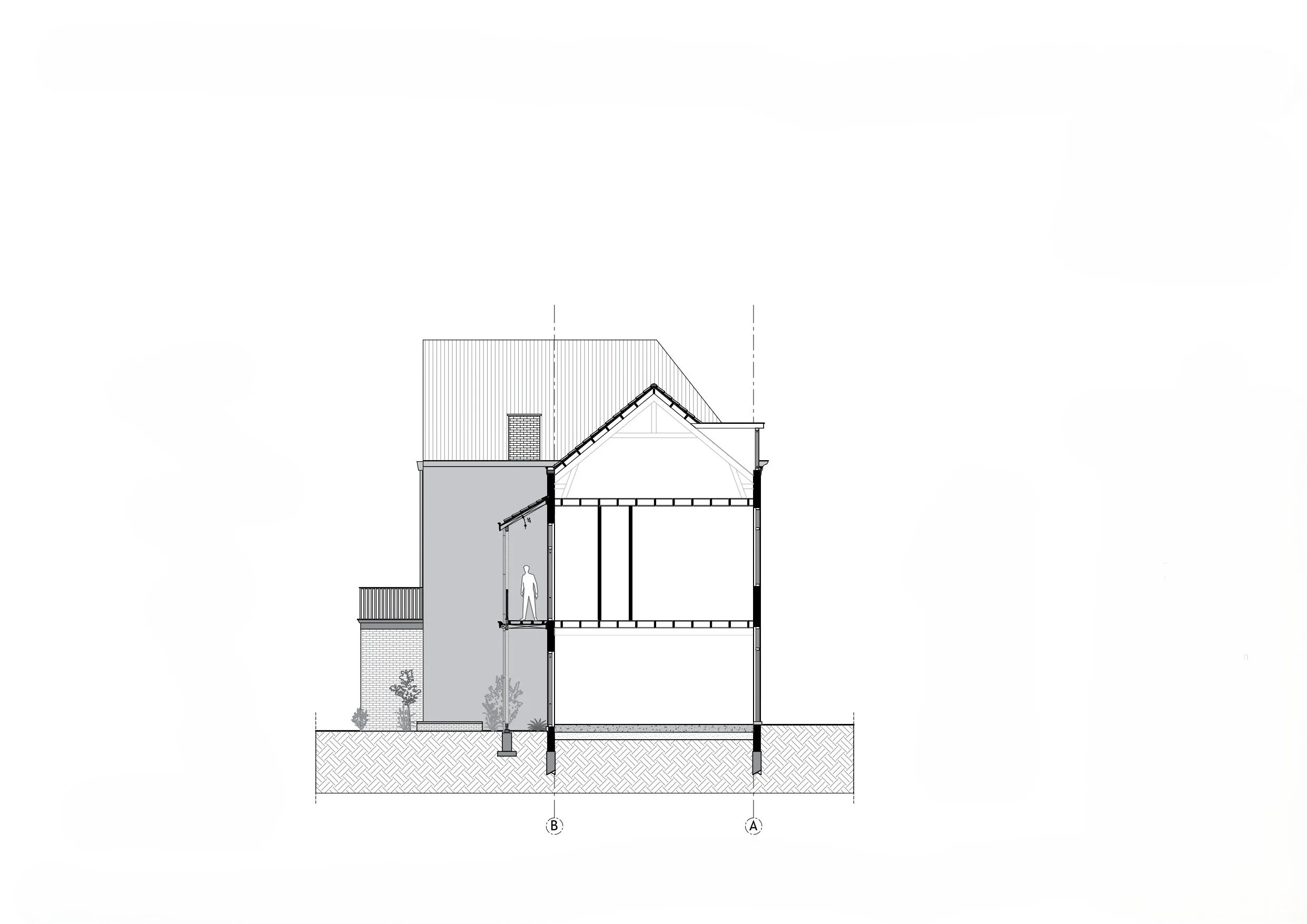 Doorsnede met AutoCad van een huis in zwart-wit met meerdere verdiepingen, een schoorsteen, en een persoon op de eerste verdieping, met tuin en fundering.